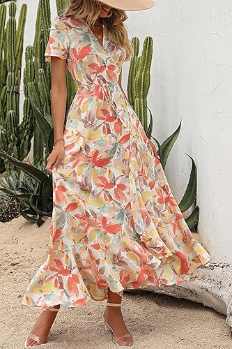 Miniatura 7 de PRETTYGARDEN - Vestido largo de verano para mujer con cuello en V, estilo bohemio, floral, manga corta, dobladillo con volantes, para playa,