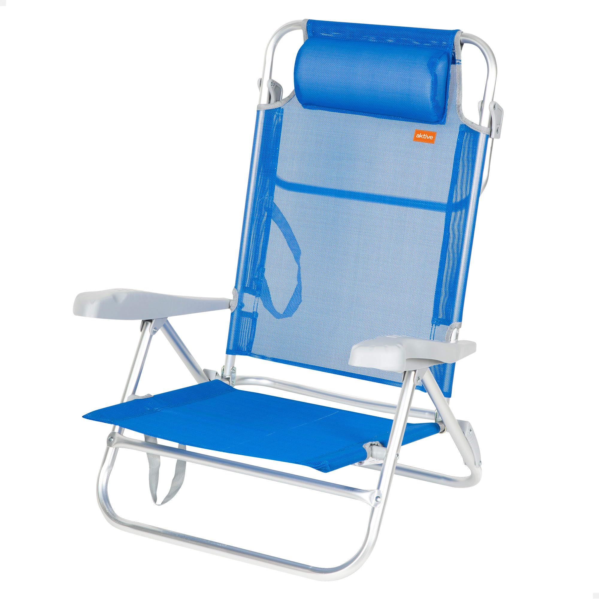 AKTIVE Folding Beach Chair, 7 Positions, Blue, 47 x 49 x 82 cm, Includes Padded Cushion, Carry Handles, Supports 110 kg, Chairs Reclining Backrest, Multi-Position (62668)
