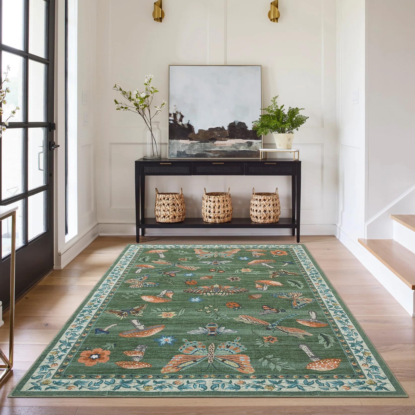 CAROMIO 140x200 cm Washable Butterfly Mushroom Rug for Bedroom Grass Green