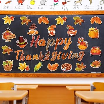 Dianelhall Happy Thanksgiving Classroom Bulletin Board Cutout Happy Fall Pumpkin Gnome Turkey Classroom Decorations Leaves Cutouts for Thanksgiving Autumn Harvest School Chalkboard Wall Decor Supplies