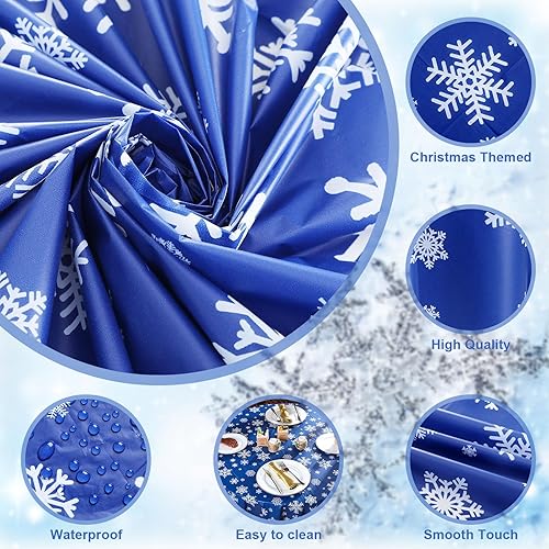 Miniatura 3 de Sliner Mantel de invierno con copos de nieve, mantel redondo de plástico para fiestas, 83.9 pulgadas, mantel de Navidad azul, desechable, telón de