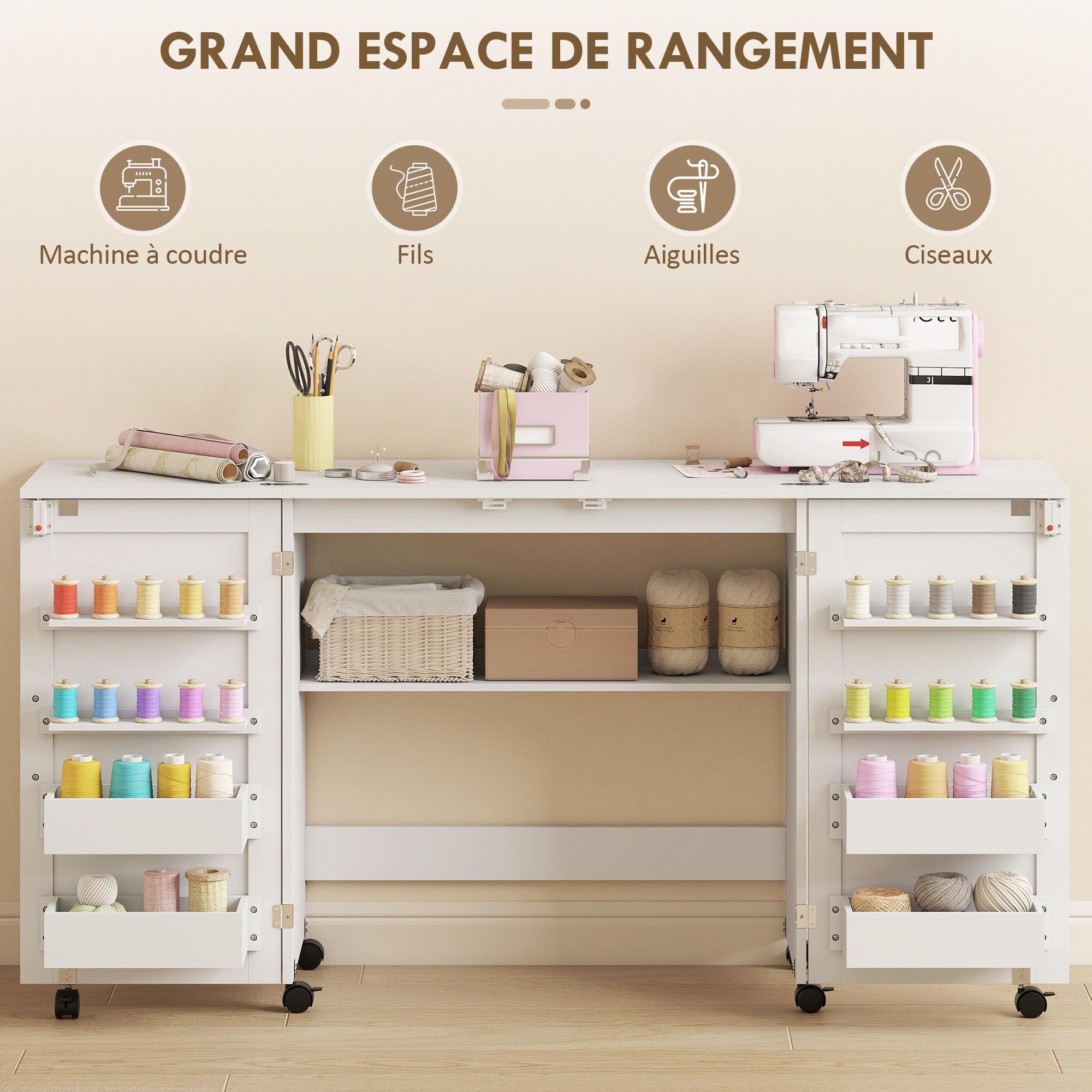 HOMCOM - Mesa de costura plegable, mueble de costura con ruedas con 2 puertas magnéticas, 4 bandejas, 20 ganchos y estante de almacenamiento, mueble máquina de coser para salón, oficina, estudio