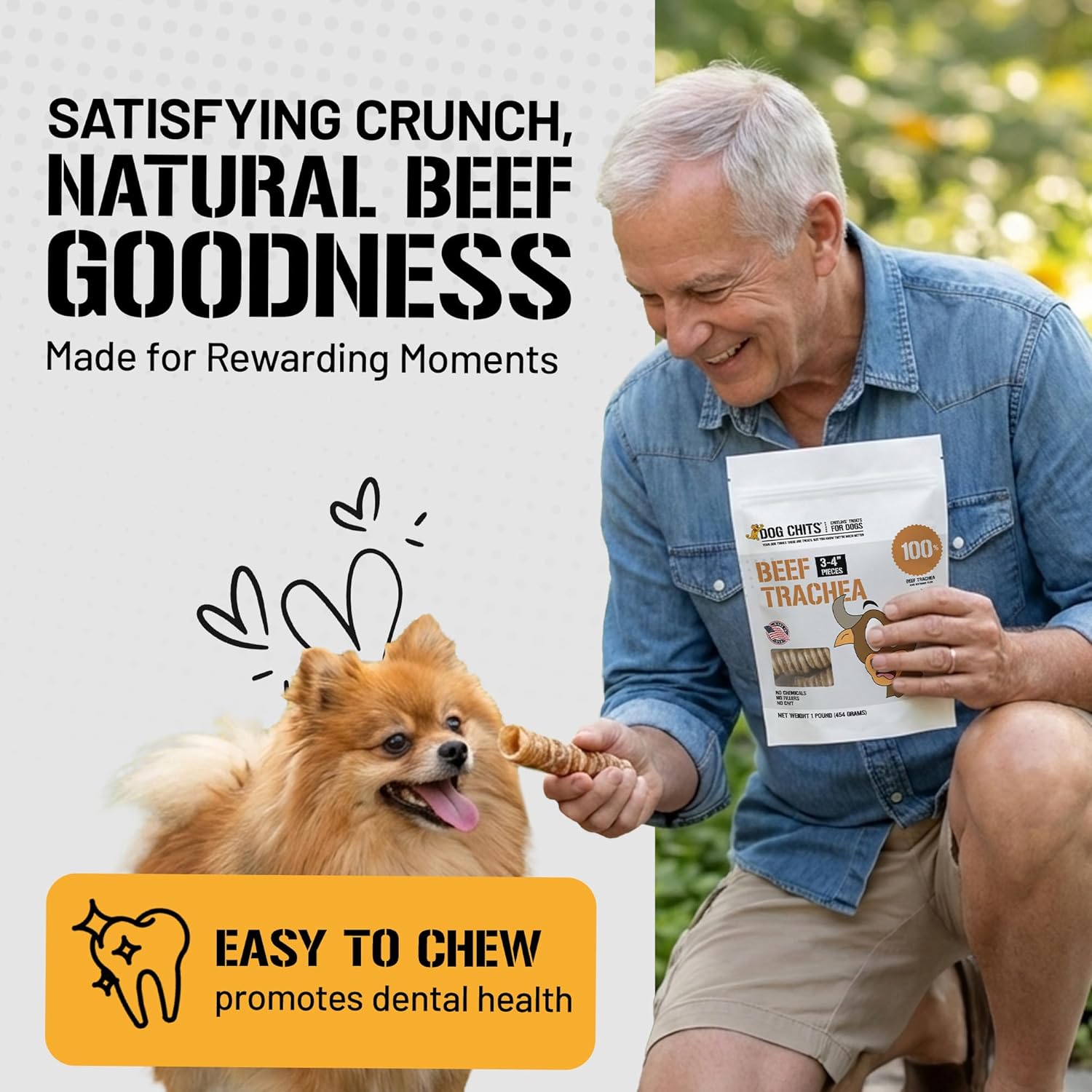 Dog Chits Beef Trachea for Dogs 1lb - 100% Single Ingredient, High Protein, Low Fat - Glucosamine for Joint Support - Dental-Clean Crunch - Digestible Rawhide-Free, Trachea Dog Treats - 3-4 inch