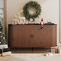 ComfyCorner 55" Walnut Fluted Buffet Sideboard with Sliding Door & Adjustable Shelf - Modern Storage Console for Kitchen Entryway