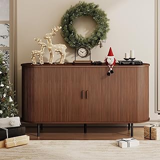 Buffet Sideboard Cabinet with Storage, 55" Fluted Cabinet with Sliding Door & Adjustable Shelf, Modern Accent Coffee Bar Console Table for Kitchen, Entryway, Walnut