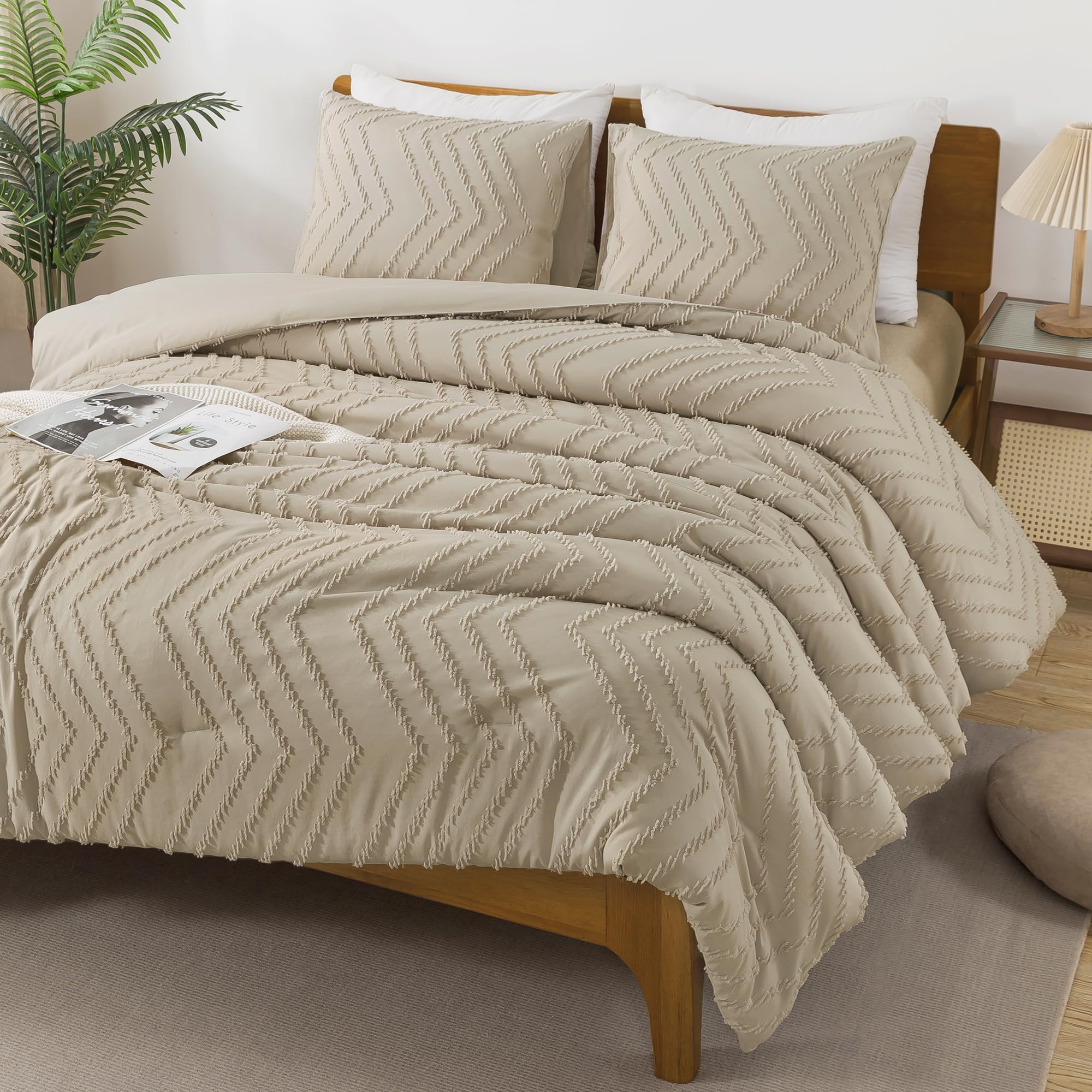 AndencyTannish Grey California King Comforter Set, Boho Cal King Soft Warm Tufted Neutral Bedding Comforter Sets, 3 Pieces Cali King Aesthetic Chevron Farmhouse Cute Bohemian Textured Bedding Set