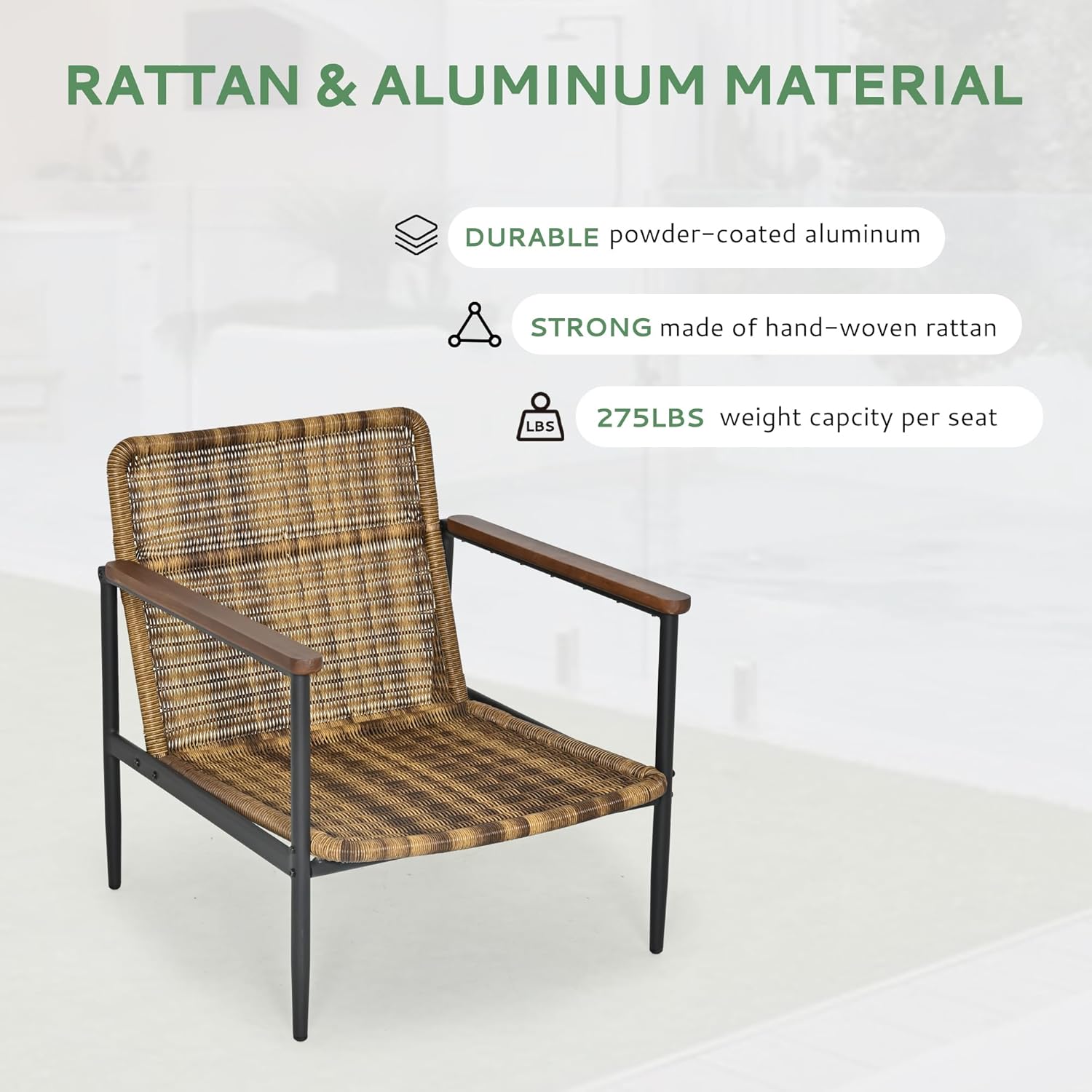 4-Piece Patio Furniture Sets, All Weather Rattan Patio Conversation Set with Aluminum Frame, Loveseat, 2 Chairs and Coffee Table, Smooth Wooden Armrest & Olefin Cushion for Yard Deck Porch
