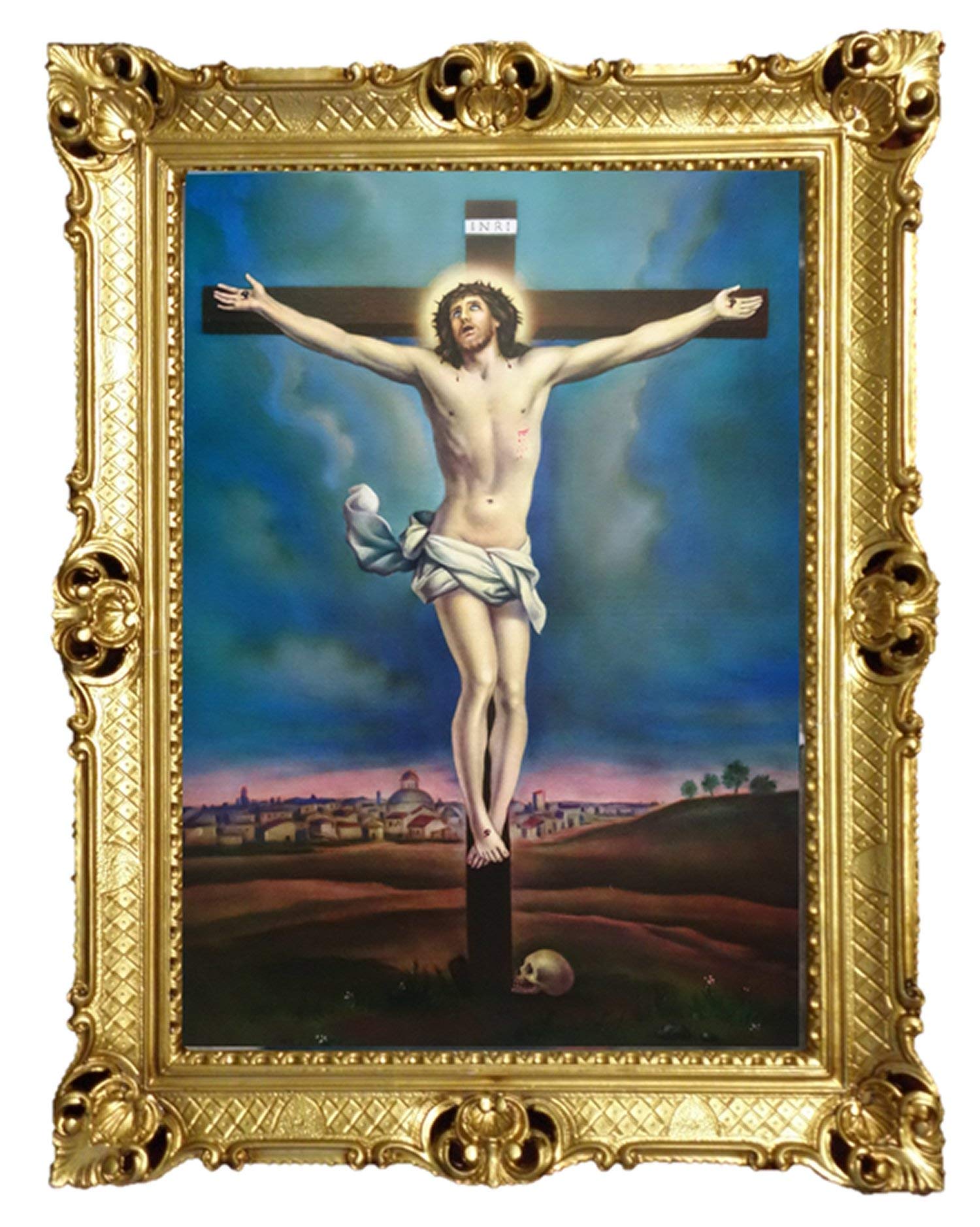 Jesus am Kreuz Gemälde Antik Barock Rahmen Barockrahmen mit Bild Wandbild 70x90cm Kunstdrucke Gemälde Religiöse Bilder Kunst von Heiligen Retro Repro für Home Büro Praxis Café 58B