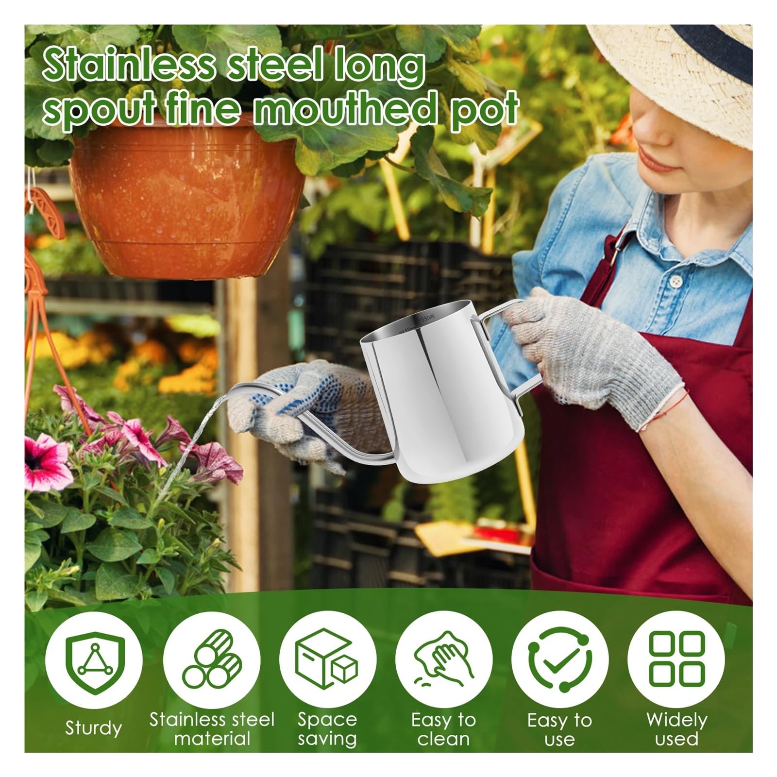 Annaffiato Annaffiatoio Piccolo con beccuccio Lungo, irrigazione da Giardino, in Acciaio Inox, for Piante da Interno ed Esterno, Fiori e Ufficio per Uso Domestico(Copper Color 300ML)