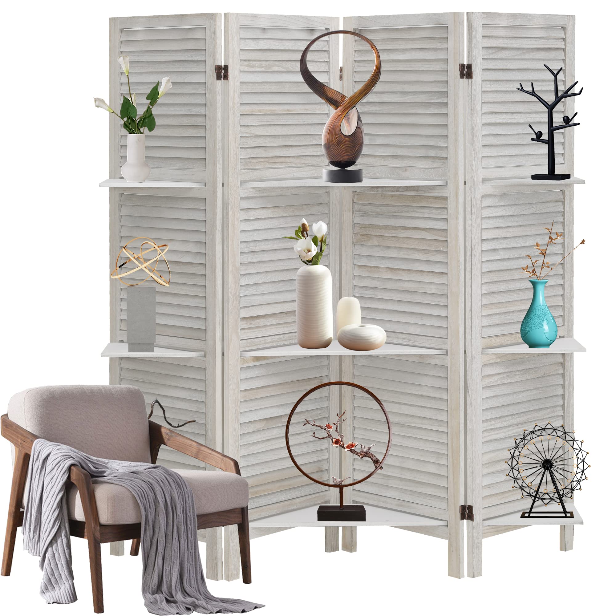 Buy 4 Panel Room Divider with Three Clever Shelfves 5.6 Ft Tall