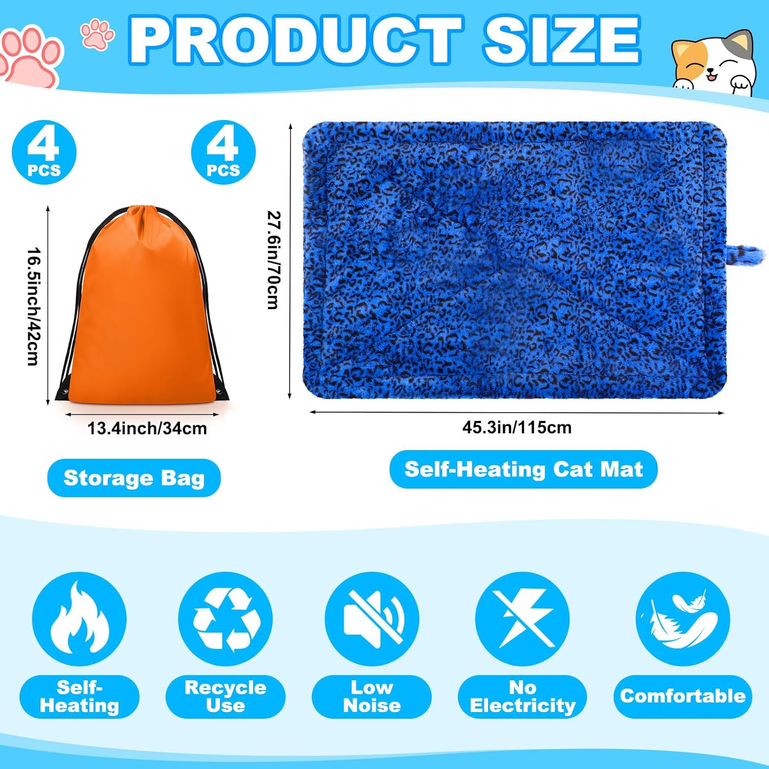 Riakrum 4 Pack Self Warming Cat Bed Mats Leopard Print Cat Dog Thermal Blanket Double Sided Self Heating Pet Pad with Storage Bags for Pet Winter Outdoor Indoor Supplies, Non Electric(XL)
