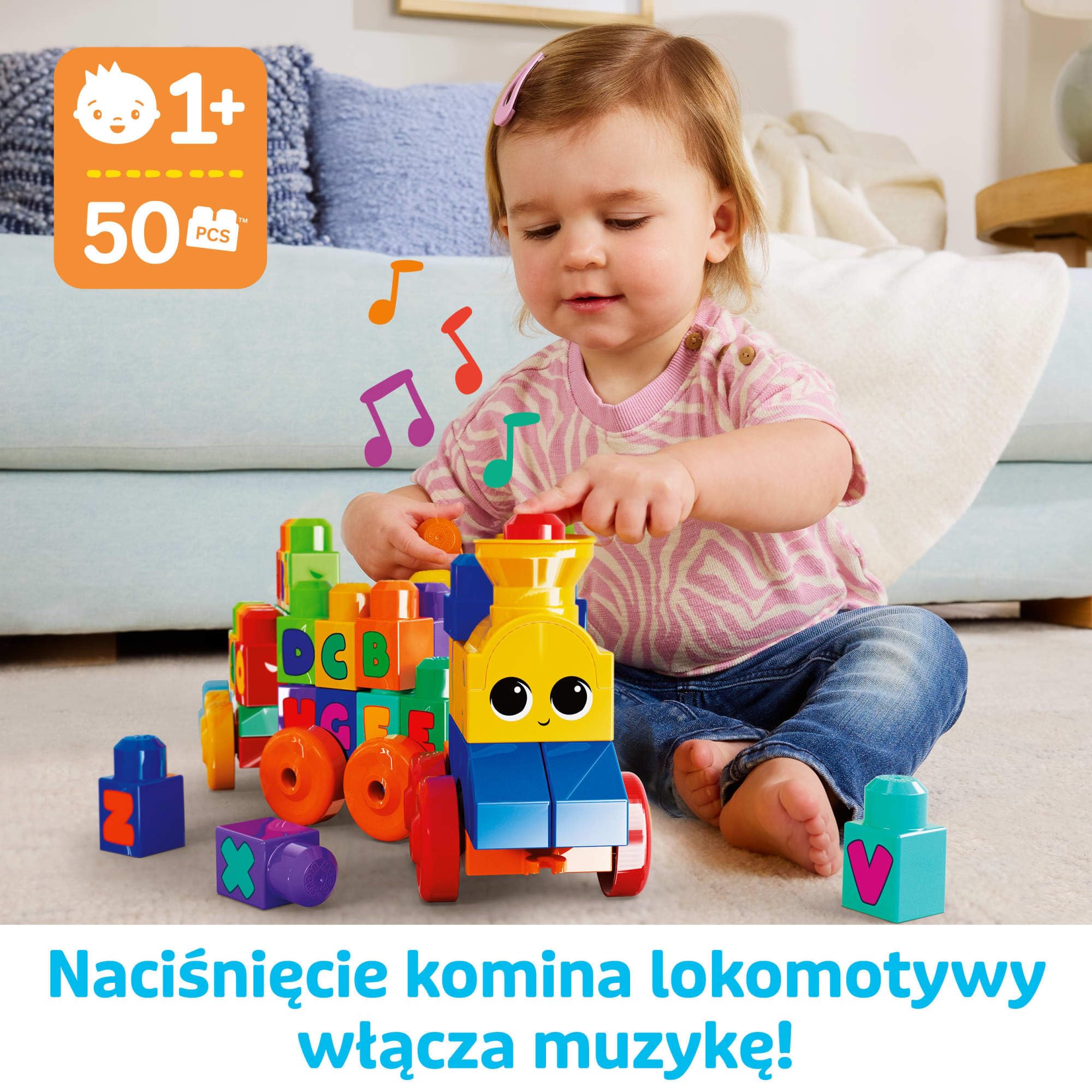 Mega Bloks Muzyczny Pociąg ABC z klockami z literkami odtwarzający realistyczne dźwięki i muzykę, FWK22
