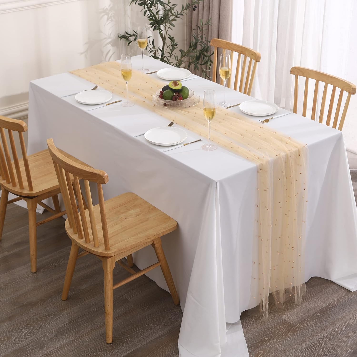 Tosleo Champagne Mesh Table Cloth Pearl Decor Tulle Fabric