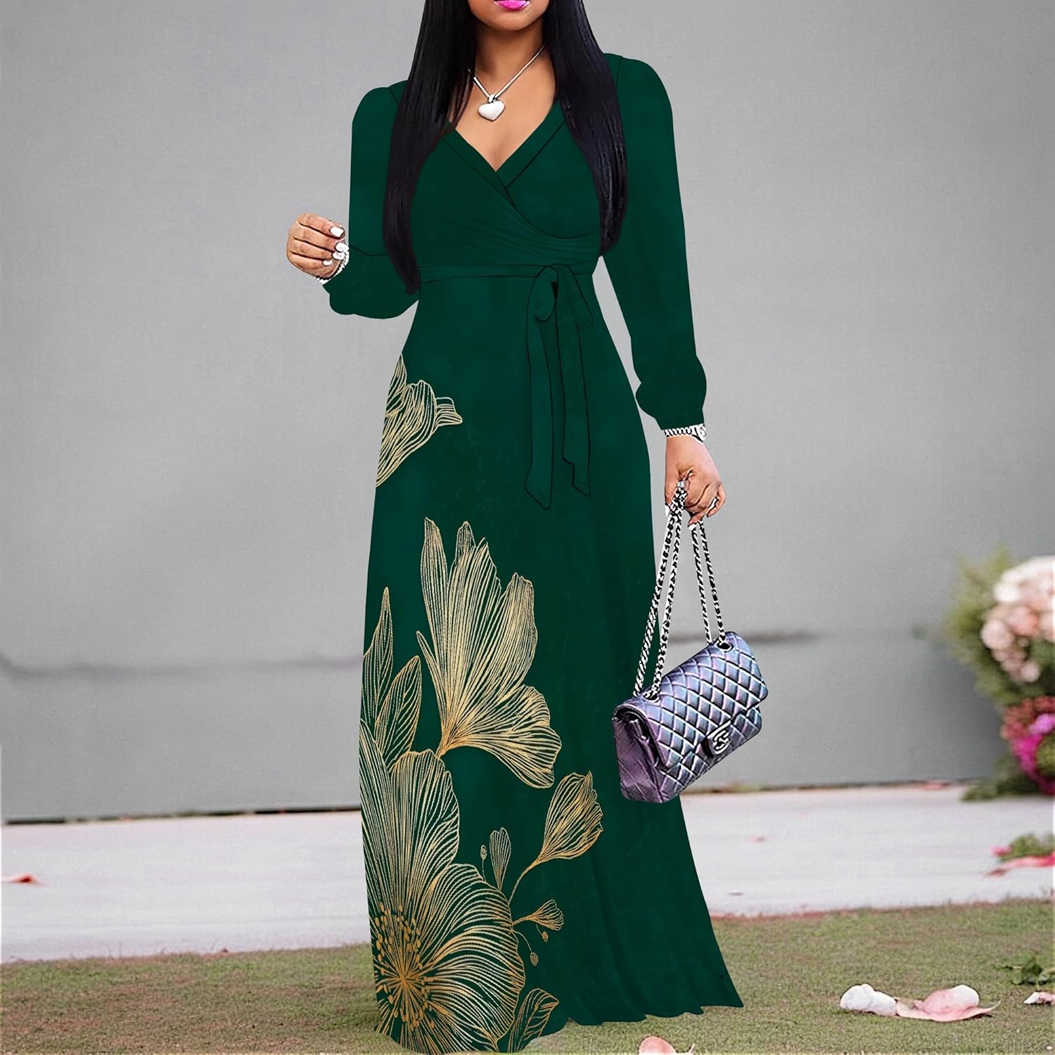 PinkPatty Women's Long Sleeve Maxi Dress Plus Size Casual V Neck Wrap Dress with Pockets&Belt XL - Image 3