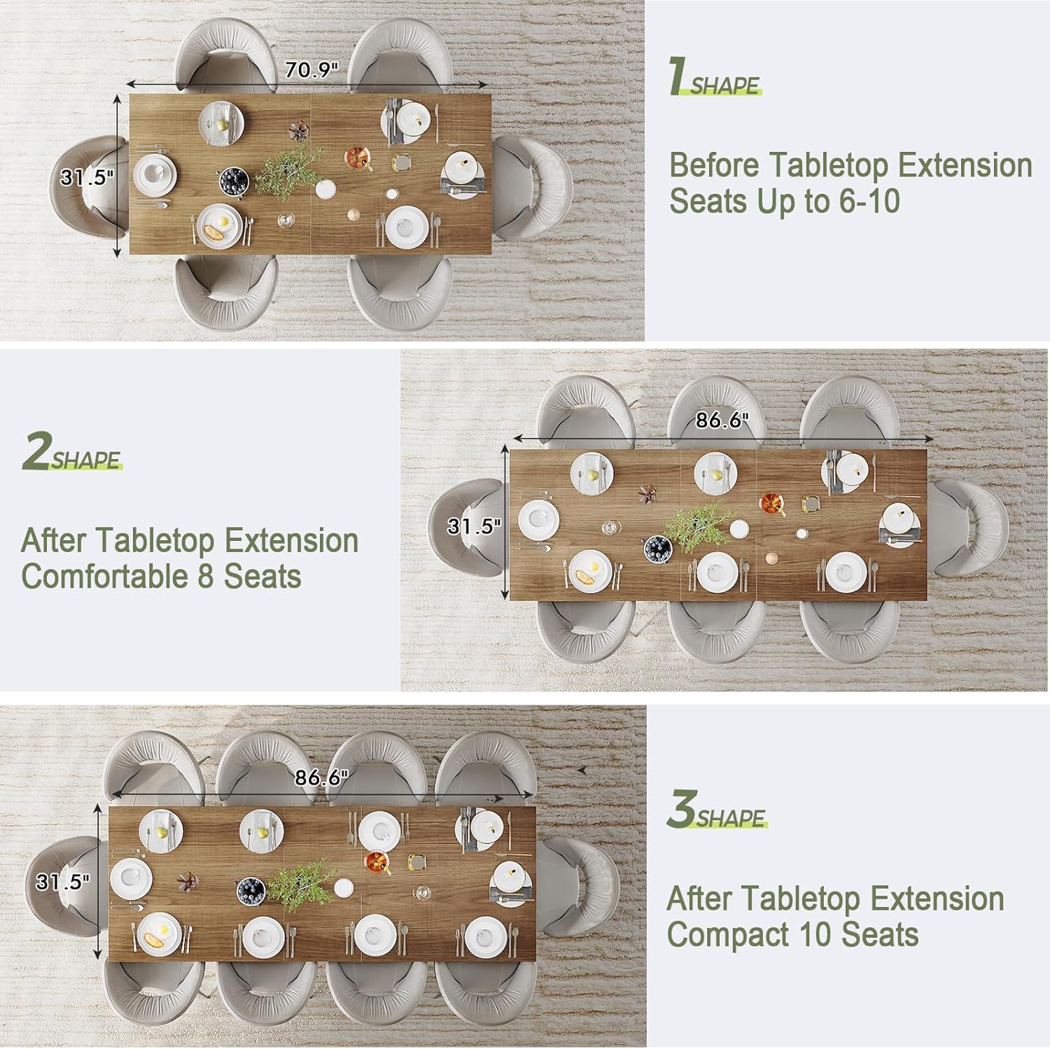 STHOUYN Farmhouse Rustic Extendable Dining Room Table for 8 10, 70.9" (86.6") x 31.5", Rectangular Dinner Table for 6-10, Mid Century Modern Expandable Retractable Wooden Kitchen Table (Brown)