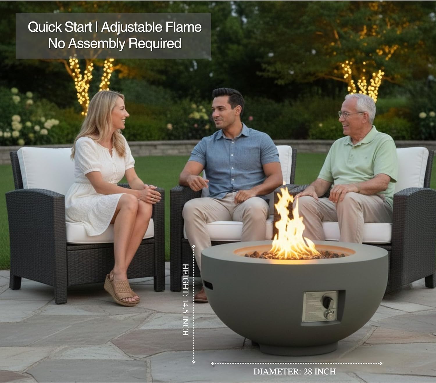 28-inch Outdoor Round Fire Pit Table,40,000 BTU Fire Pit Bowl, Light Concrete Propane Fire Pit with Free Lava Rocks, Rain Cover and Burner Lid, for Outside Patio, Garden, Deck, Light Grey
