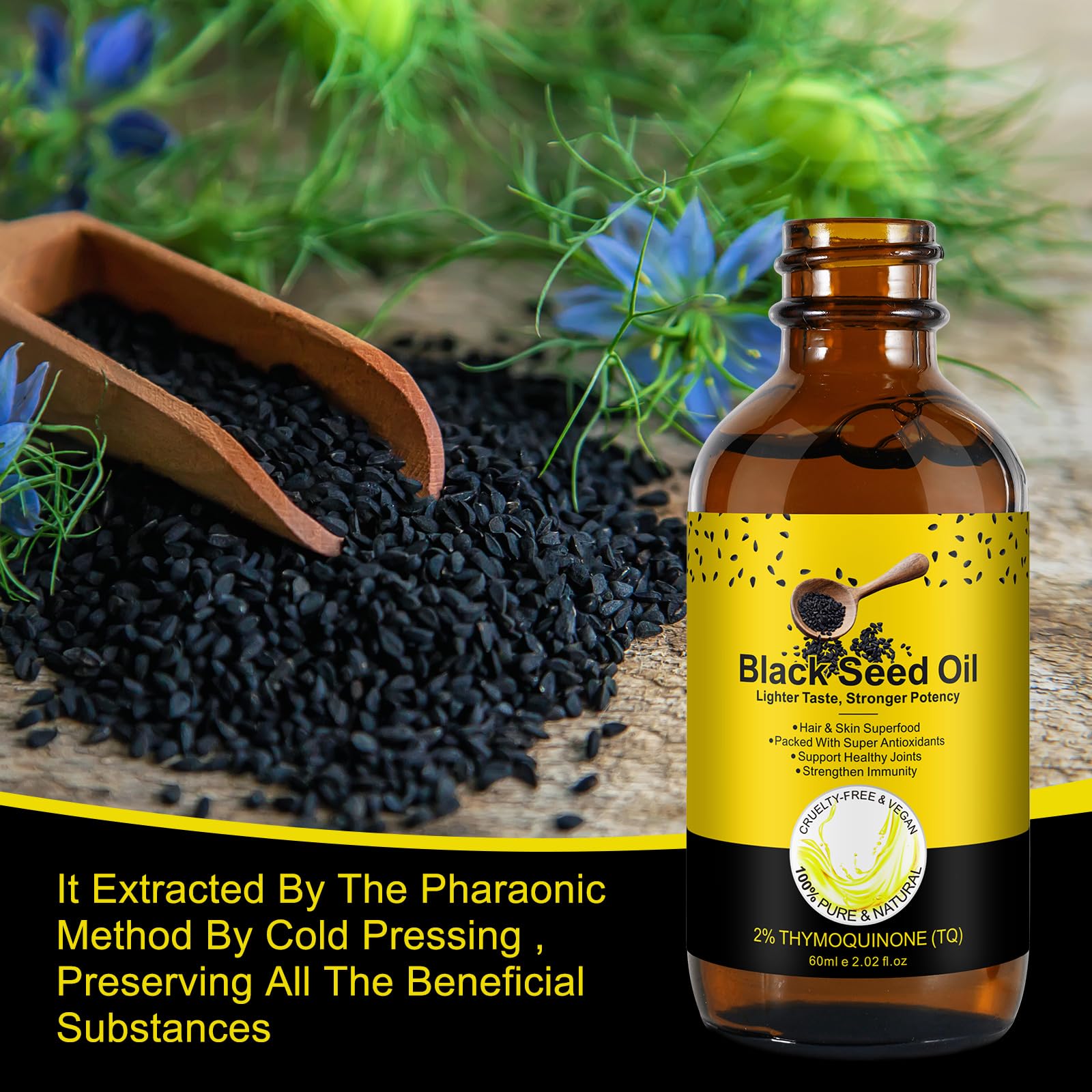 Organic Black Seed Oil - 100% Pure Unrefined, Natural Cold Pressed Black Seed Oil with 2% TQ and a Dynamic Harmony of Omegas 3, 6, 9 Antioxidant, Immune Boost, Joints, Skin & Hair 2.02 Fl Oz (1 Pack) — Amazon image 4
