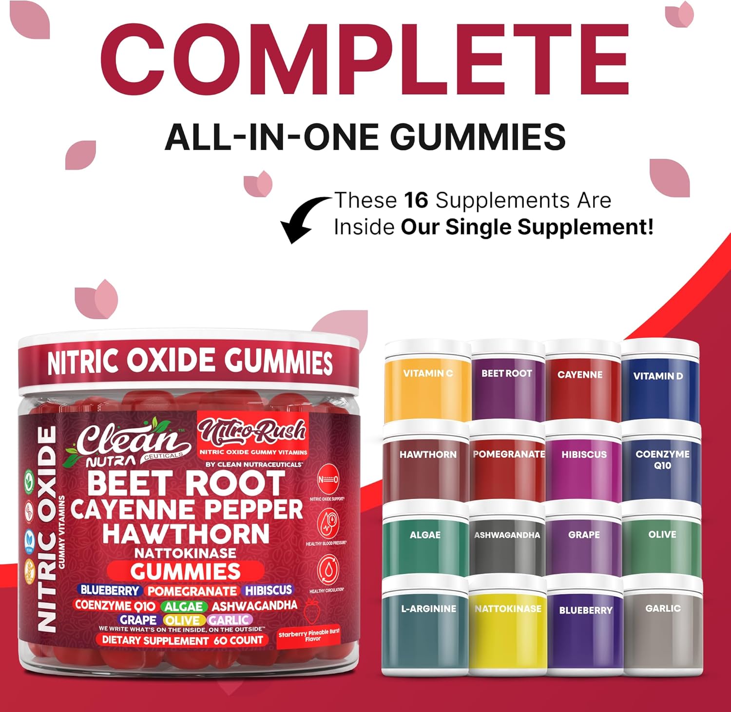 Nitro Rush Nitric Oxide Gummies Beet Root Cayenne Pepper Pomegranate Vitamin C Hawthorn Nattokinase Blueberry Hibiscus Coenzyme Q10 Algae Ashwagandha Root Grape Olive Garlic 60 Count by Clean Nutra - Image 2