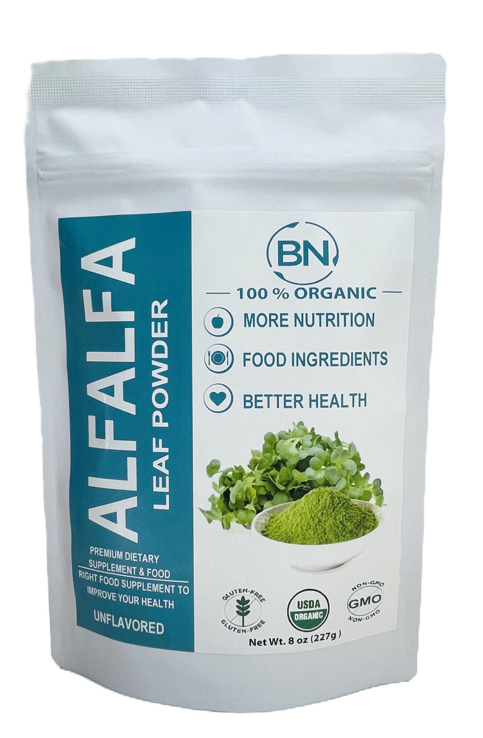 Alfalfa Leaf Powder - Green Superfood Supplement for Drinks, Tea, Shakes, Vegan, Gluten Free, Non GMO, Kosher