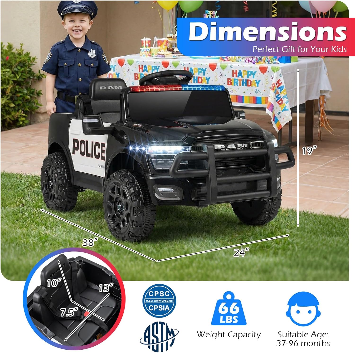 Costzon Police Car Ride On, 12V Licensed RAM Kids Electric Vehicle w/Remote Control, LED Lights, Music, Horn & Wireless Connection, Soft Start, Kids Car Toyt for Boys Girls (1-Seater,Police Dark)
