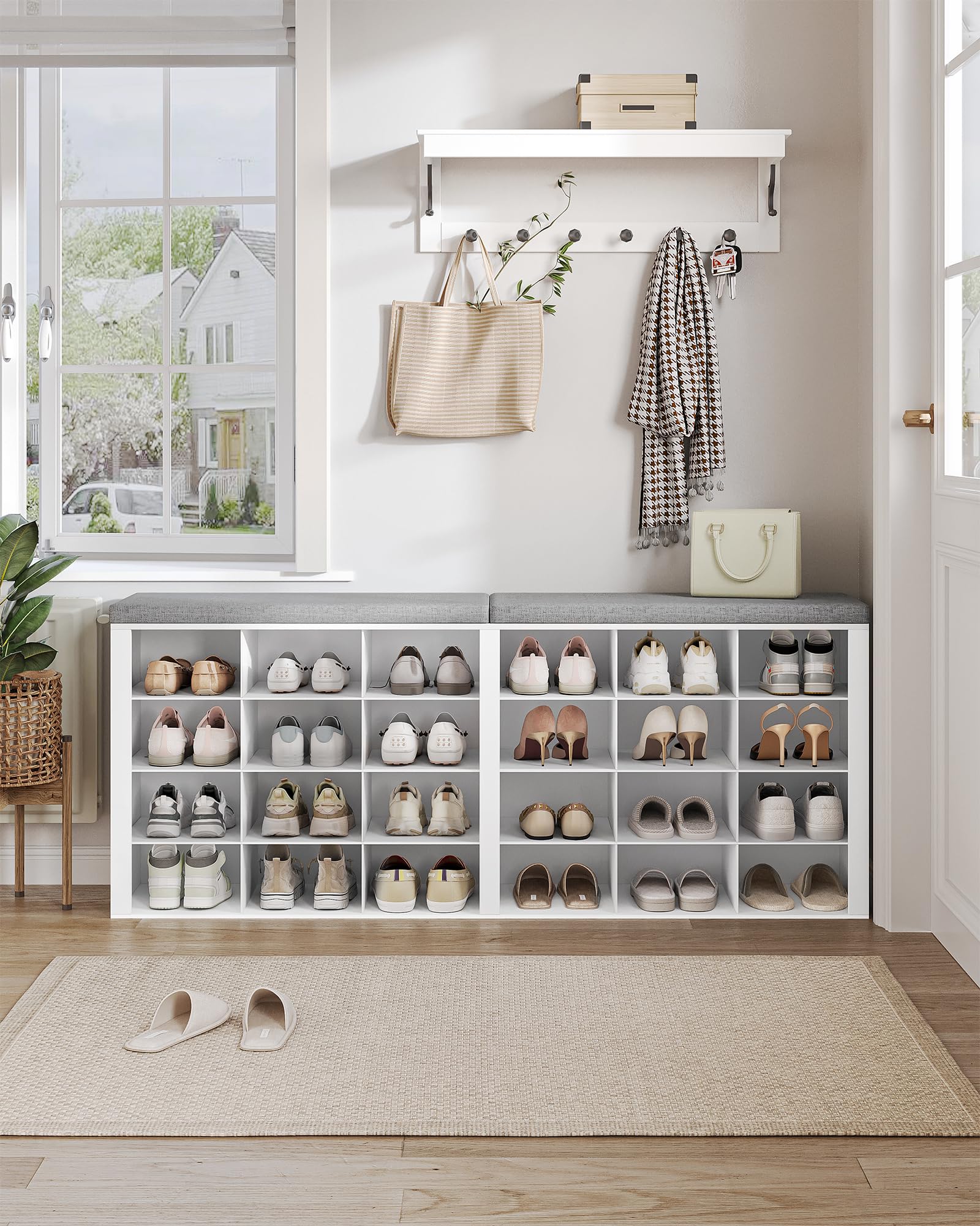 Hzuaneri Schuhbank, Schuhregal mit Sitzfläche, Schuhschrank mit Sitzbank, 24 Fächern, Eingangsbank Verstellbaren Ablagen für Wohnzimmer, Schlafzimmer, 30 x 150 x 60 cm, Weiß-Hellgrau SB32403GY