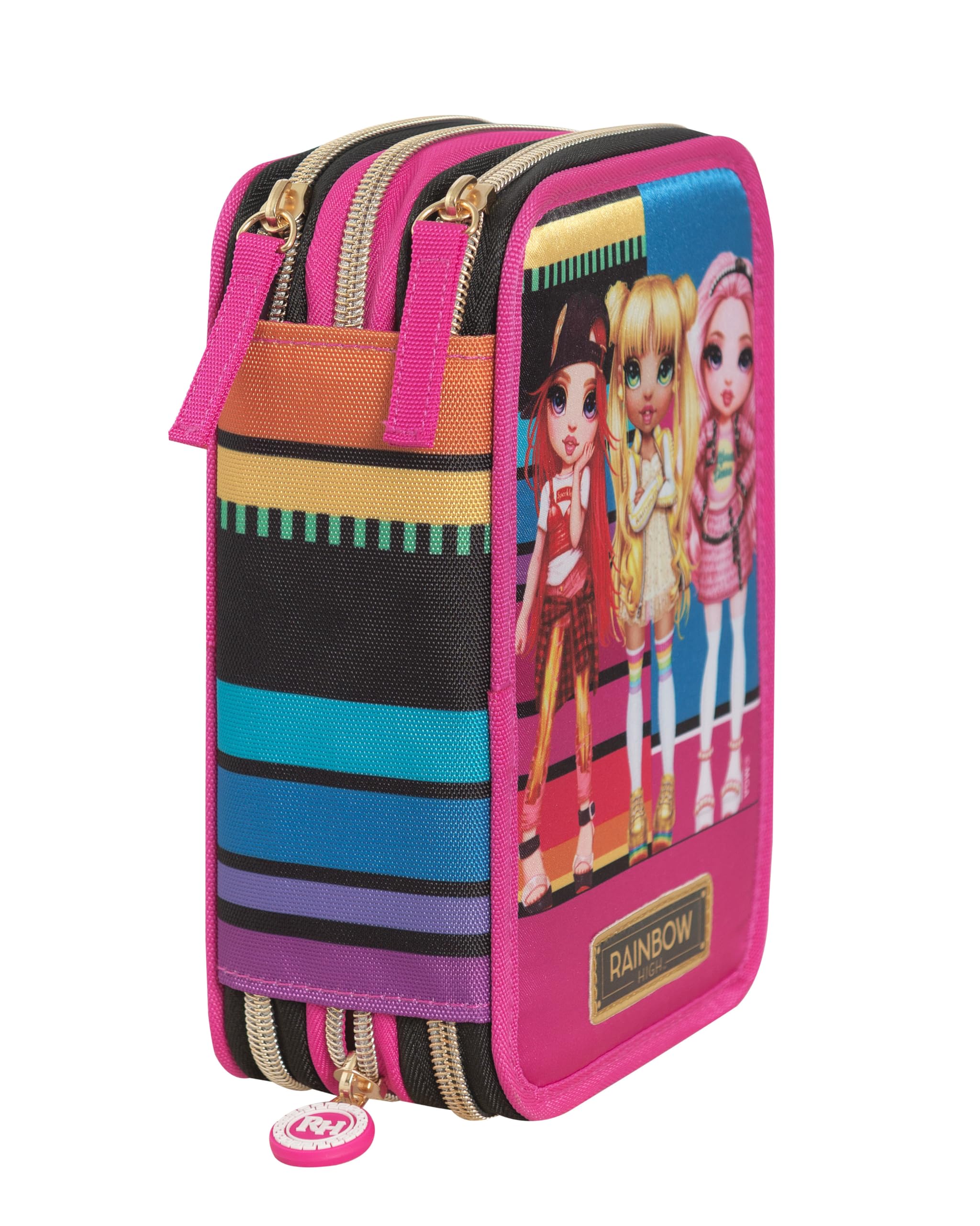 Franco Cosimo Panini Rainbow High - Estuche escolar oficial Rainbow High, estuche de 3 compartimentos para niña con juego de papelería, bolígrafo borrable azul Frixion y práctico cierre de cremallera,