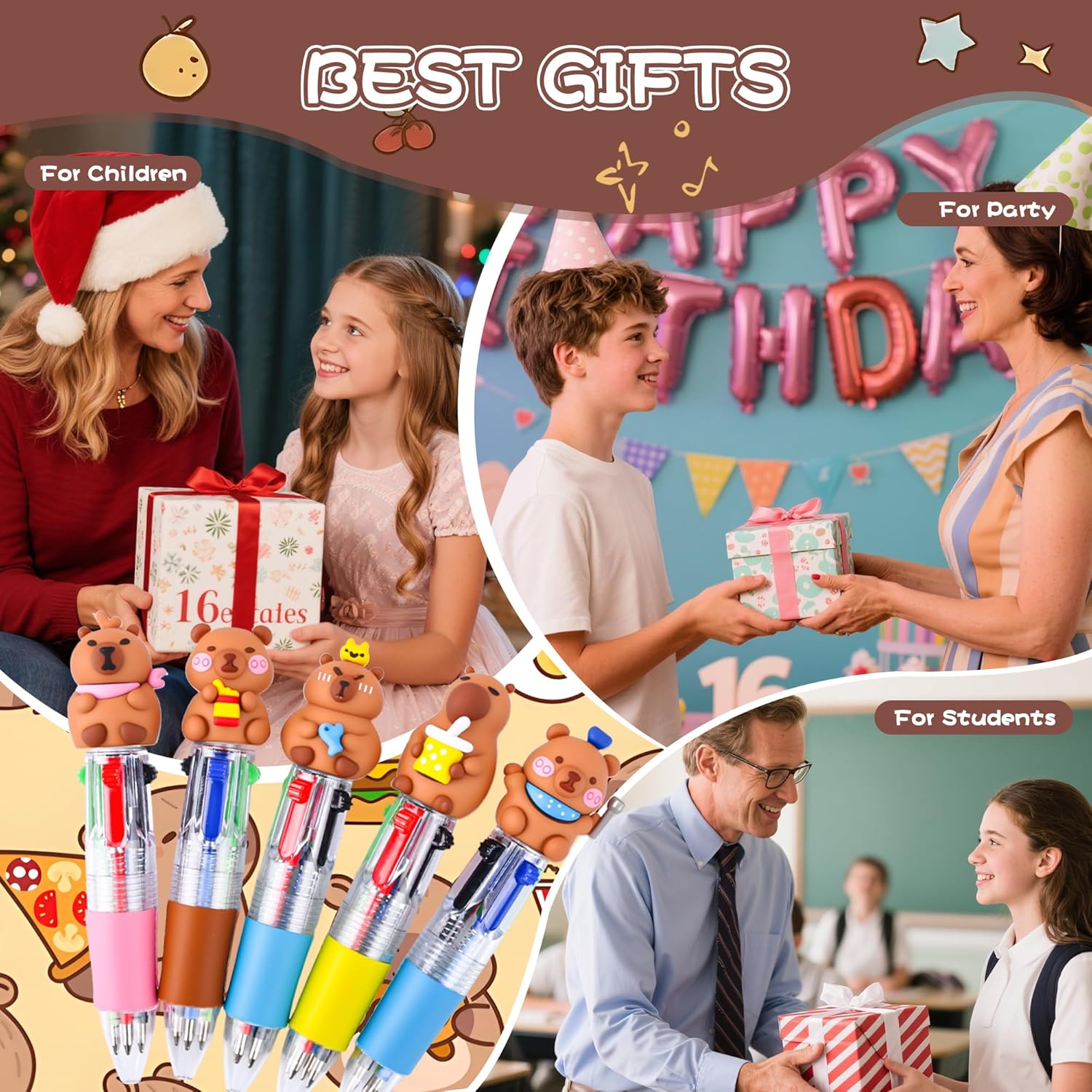 LiYiQ 50 Pcs Capybara Party Favor Multicolor Pen in One Cartoon Cute Fun 4-in-1 Cute Pens Bulk Kawaii Capybara Ballpoint Pens for Fun Gifts