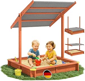 Sandkasten Sami Sonnendach 120x120cm imprägniertes Holz Füllstand Skala UV 50+ Kantenschutz Bodenvlies Sandspielzeug Kinder Sandbox Sandkiste