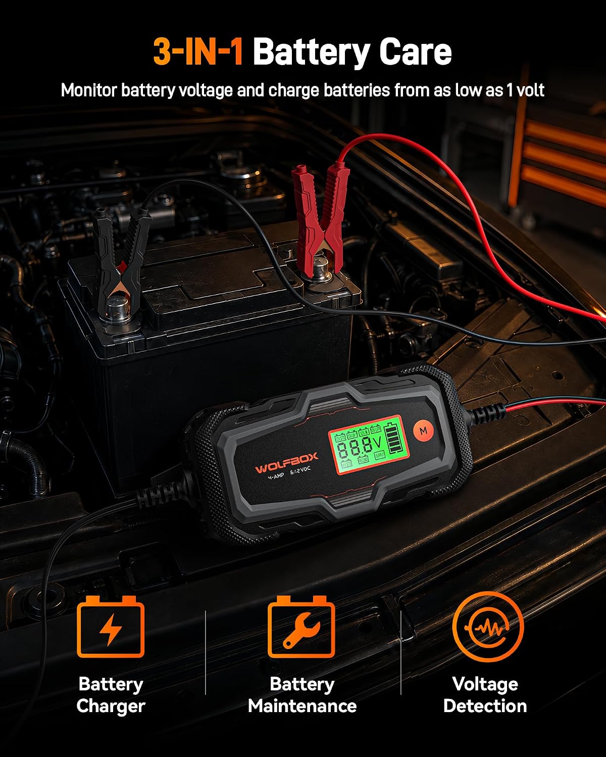 WOLFBOX BC40 4A Car Battery Charger, Smart Battery Maintainer,6V/12V Battery Tester & Pulse Repair,10-Step Charging with Supply Mode for Lead-Acid & LiFePO4 Batteries- Lawn Mower,Motorcycle,Cars,Boat