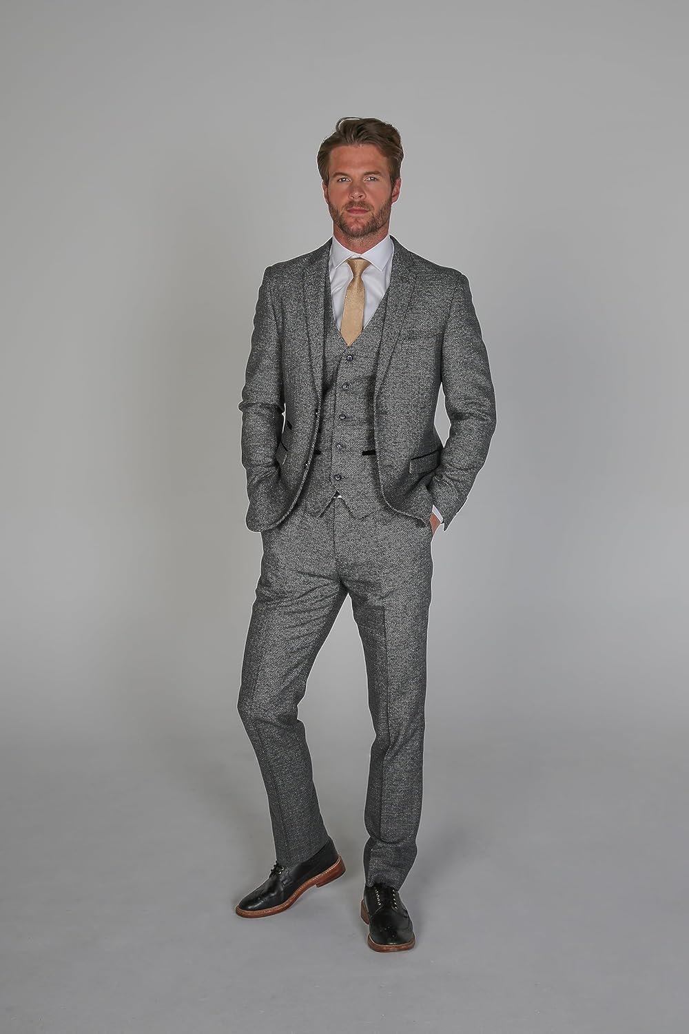 Men’s Tweed Textured Retro Suit Tailored Fit 3 Piece Wedding Outfit Set in Navy Blue & Grey, Chest 38R - Waist 30R