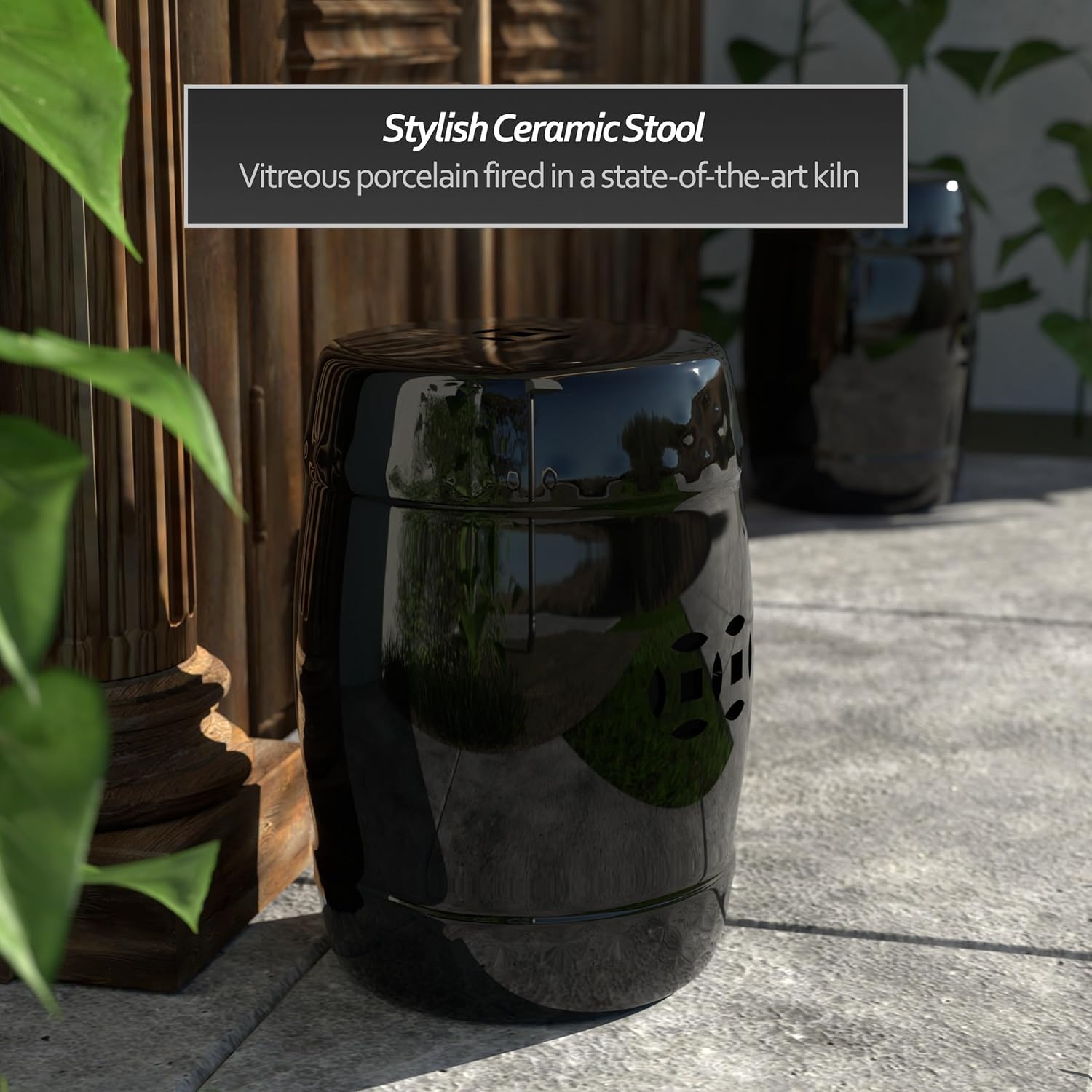 Red Lantern 18" Solid Black Porcelain Garden Stool