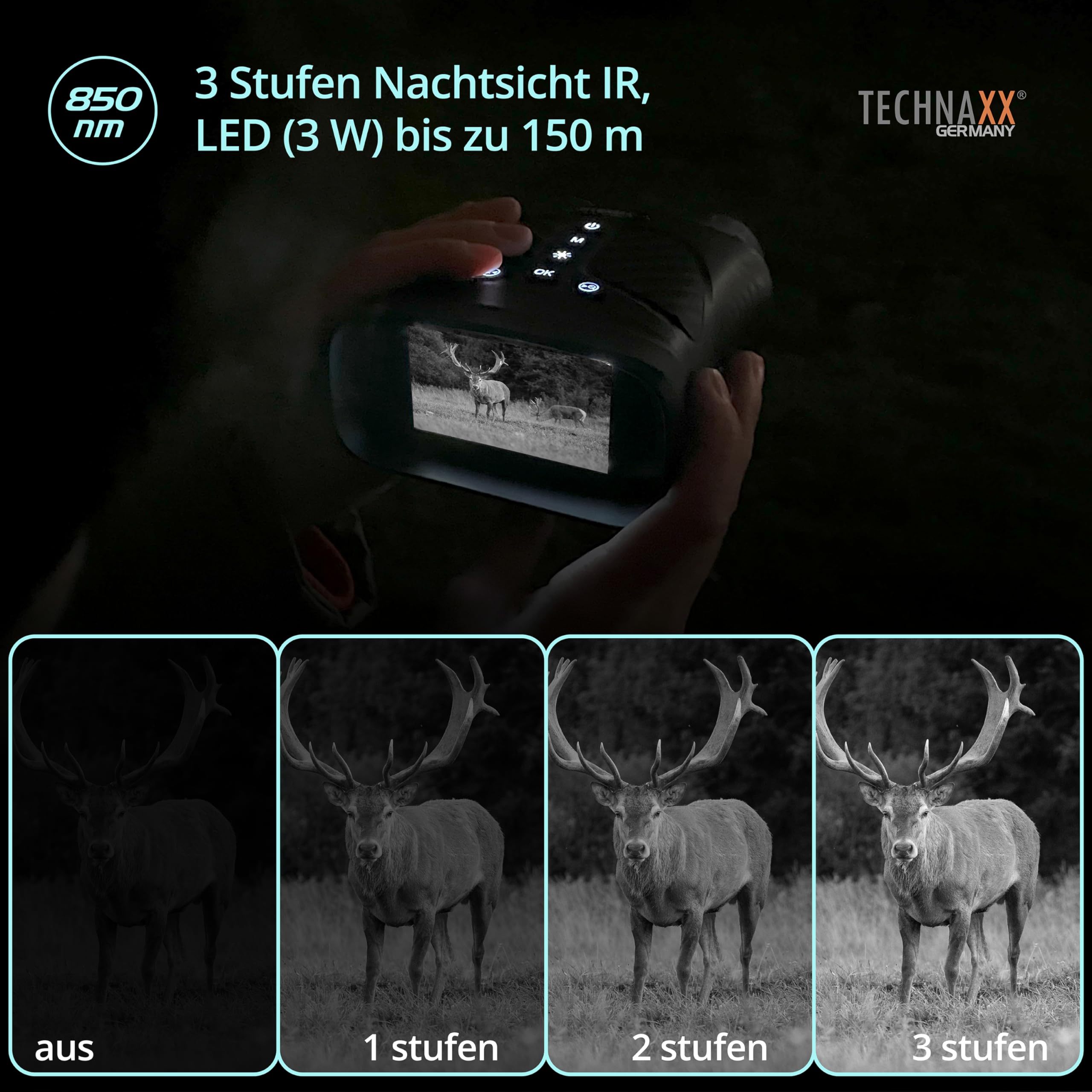 Technaxx Nachtsichtgerät Full HD 1080p 40MP 4X Optische Vergrößerung 8X Digitalzoom 850nm IR LED 150m 3 Zoll IPS Display 2500mAh Akku TX-257
