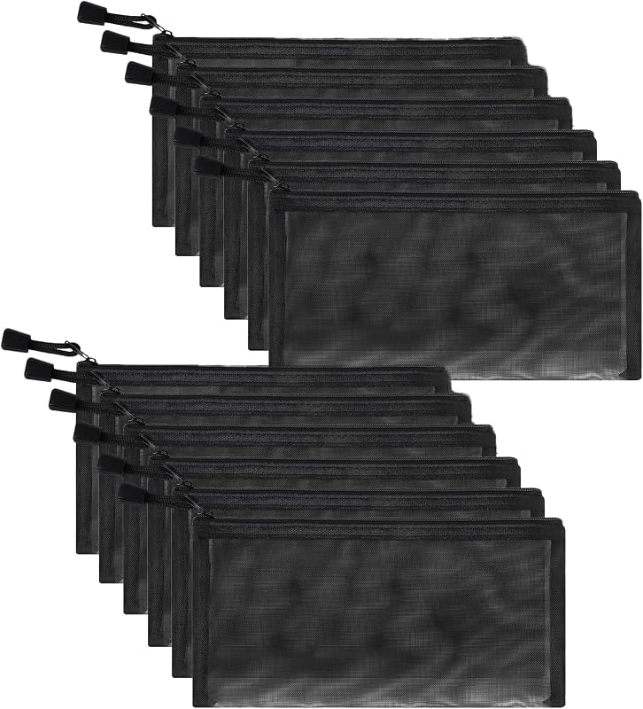 Sinzip Pacote com 12 necessaires de malha de nylon com zíper, pretas, tamanho B6
