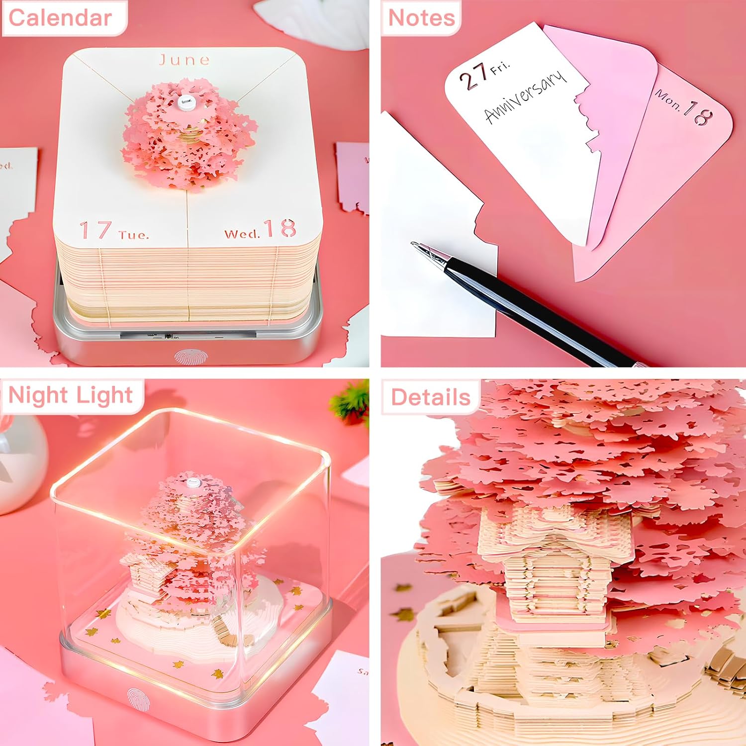 Time Piece Calendar 2026, Calendar Sakura Tree Creative 3D Notepad, Memo pad Artsy Pads 3D Art Calendar, Paper Carving Gift House Sculpture Gift for School Home Office