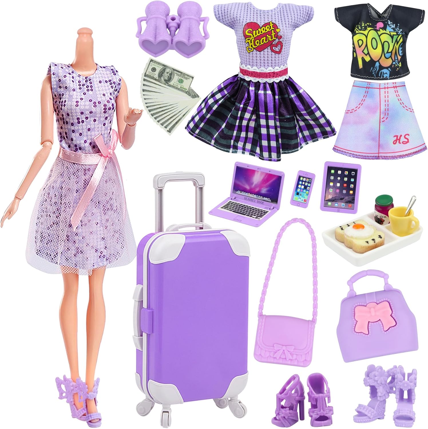 17 Pcs Doll Clothes and Accessories Suitcase Travel Set - Miniature Laptop Computer Tablet Phone, Suitcase,Backpack Bag,Clothes Set,Shoes,Telescope,Dollars,Omelette Toast Set for 11.5" Doll