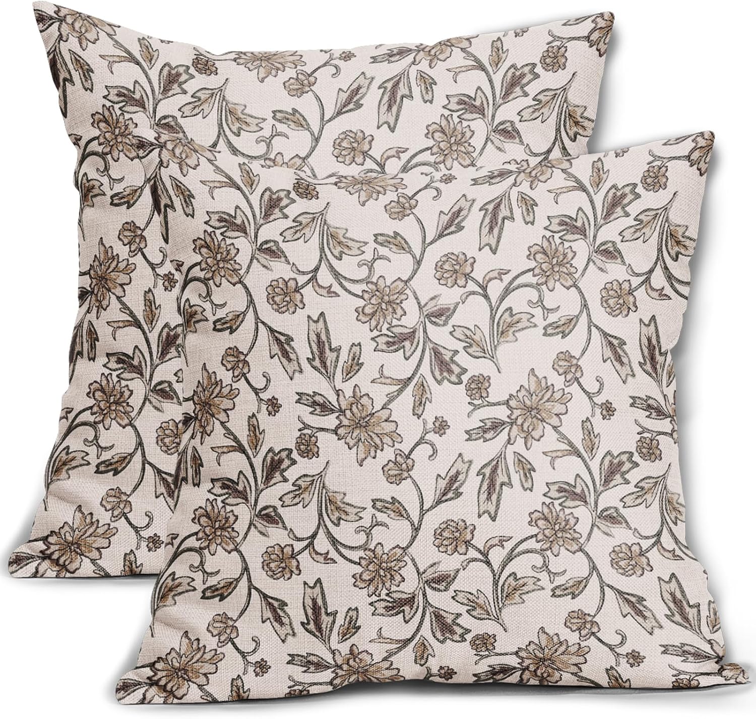 Vintage Floral Pillow Covers 18x18 Set of 2 Antique Neutral Flower Patterned Brown Block Print Traditional Decorative Outdoor Pillowcases Rustic Farmhouse Throw Cushion Case Couch Sofa Bed Decor