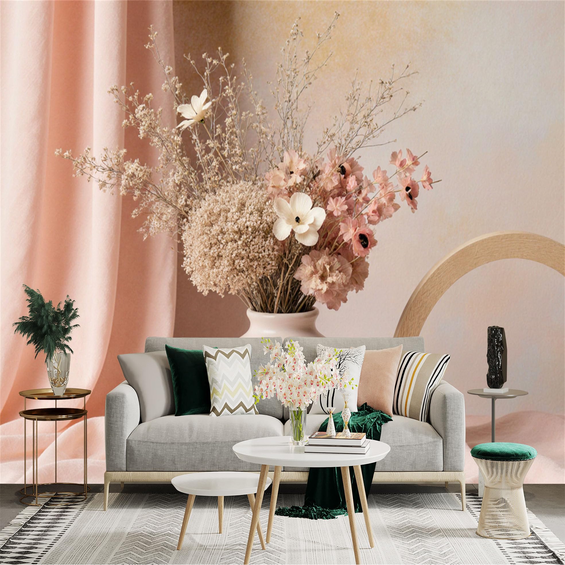 Custom Size Wall Sticker Mural， Dried Flower Bouquet in Ceramic Vase， Soft Pink Fabric Backdrop， Elegant Floral Still Life， for wall Decoration， peelandstick wall Decals.