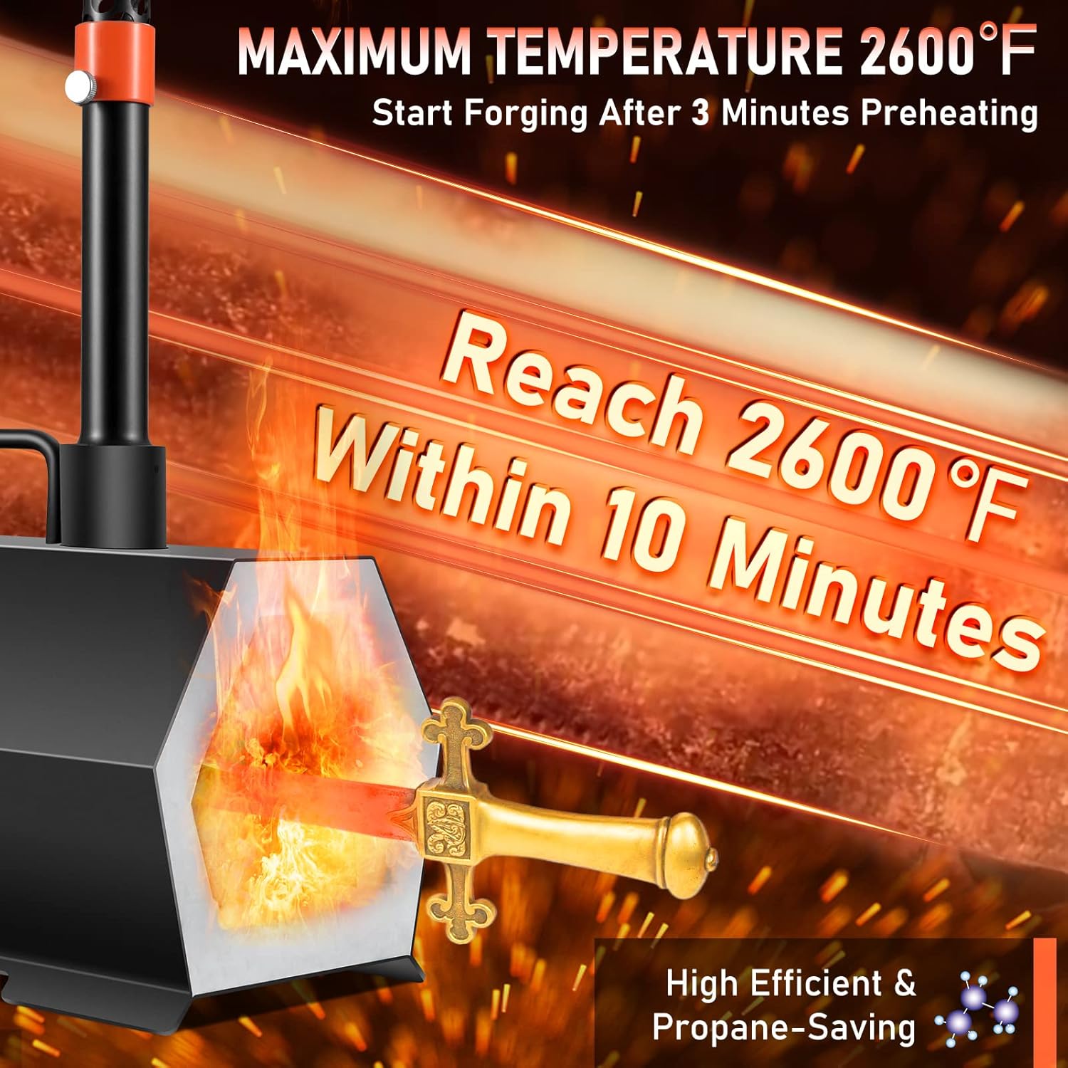 Close-up of the VEVOR Propane Forge interior, illustrating the high temperature reaching 2600 degrees Fahrenheit.