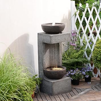 Garden Outdoor Water Fountain with LED Lights 33.9" Resin Rain Curtain Water Feature with Bowl, Modern Freestanding Garden Waterfall Fountain for Patio, Porch, Balcony or Yard Decor, Grey
