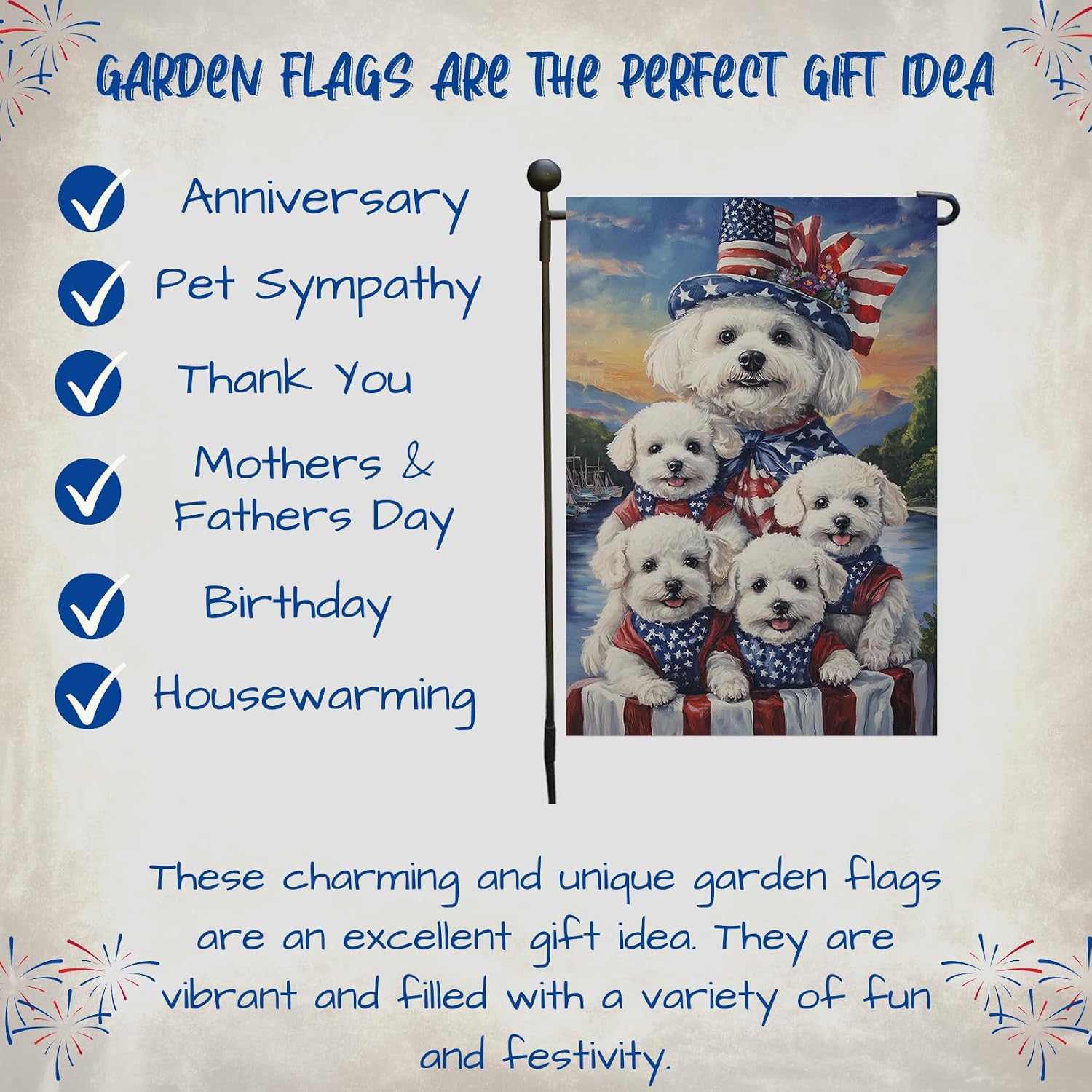 Bichon Frise Dog 4th of July Independence Day Garden Flag – Personalized Patriotic Yard Decor with Cute Dogs Flowers Outdoor Decoration for Lawn, Porch or Patio, 12 1/2"w x 18"h, Double Sided