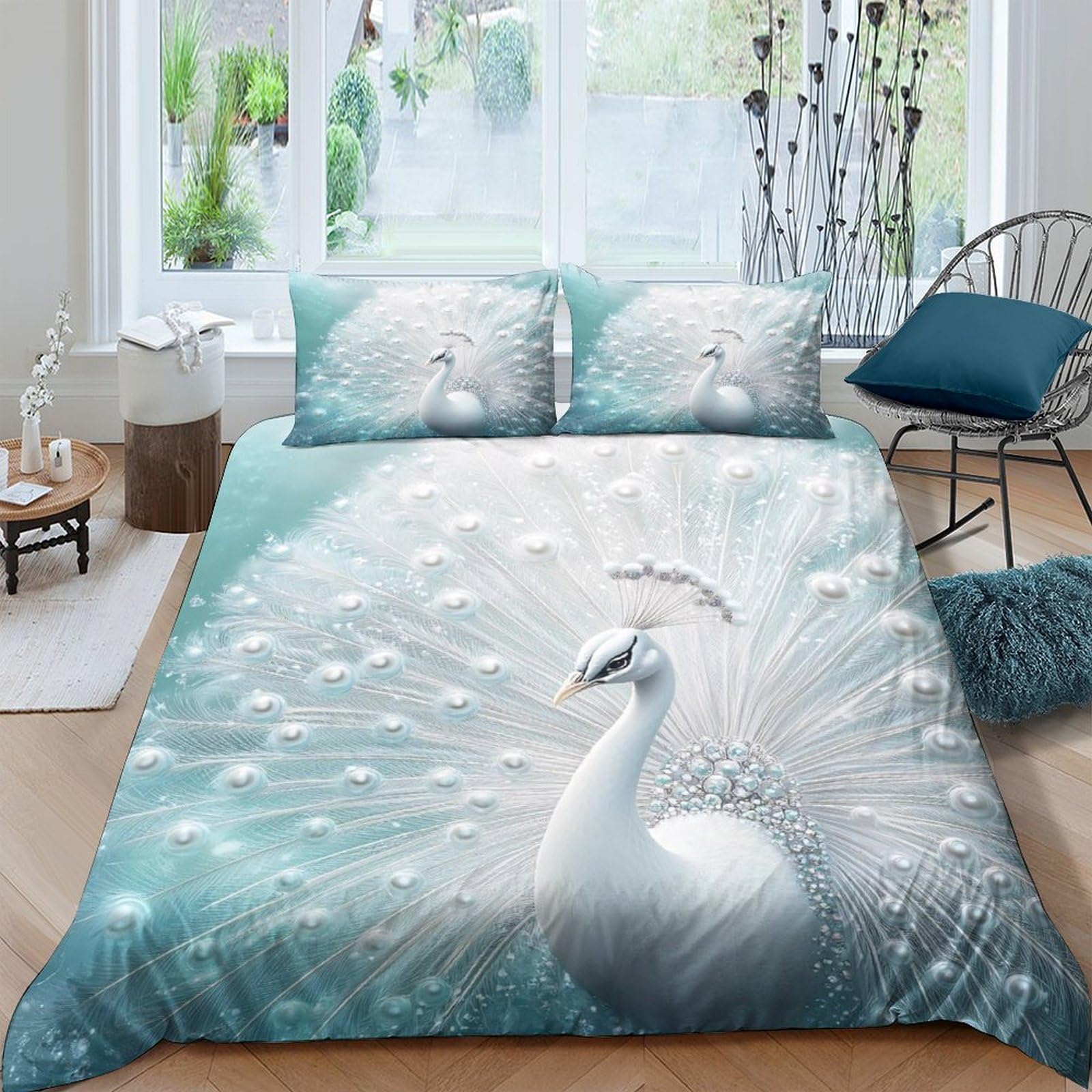 Ctjqhvkz Style-7 3D Printed White Peacock Fitted Sheet Microfiber Soft Blue Feather Bed Sheet Anti-Slip Machine Washable For Bedroom Decor Single（135X200cm）