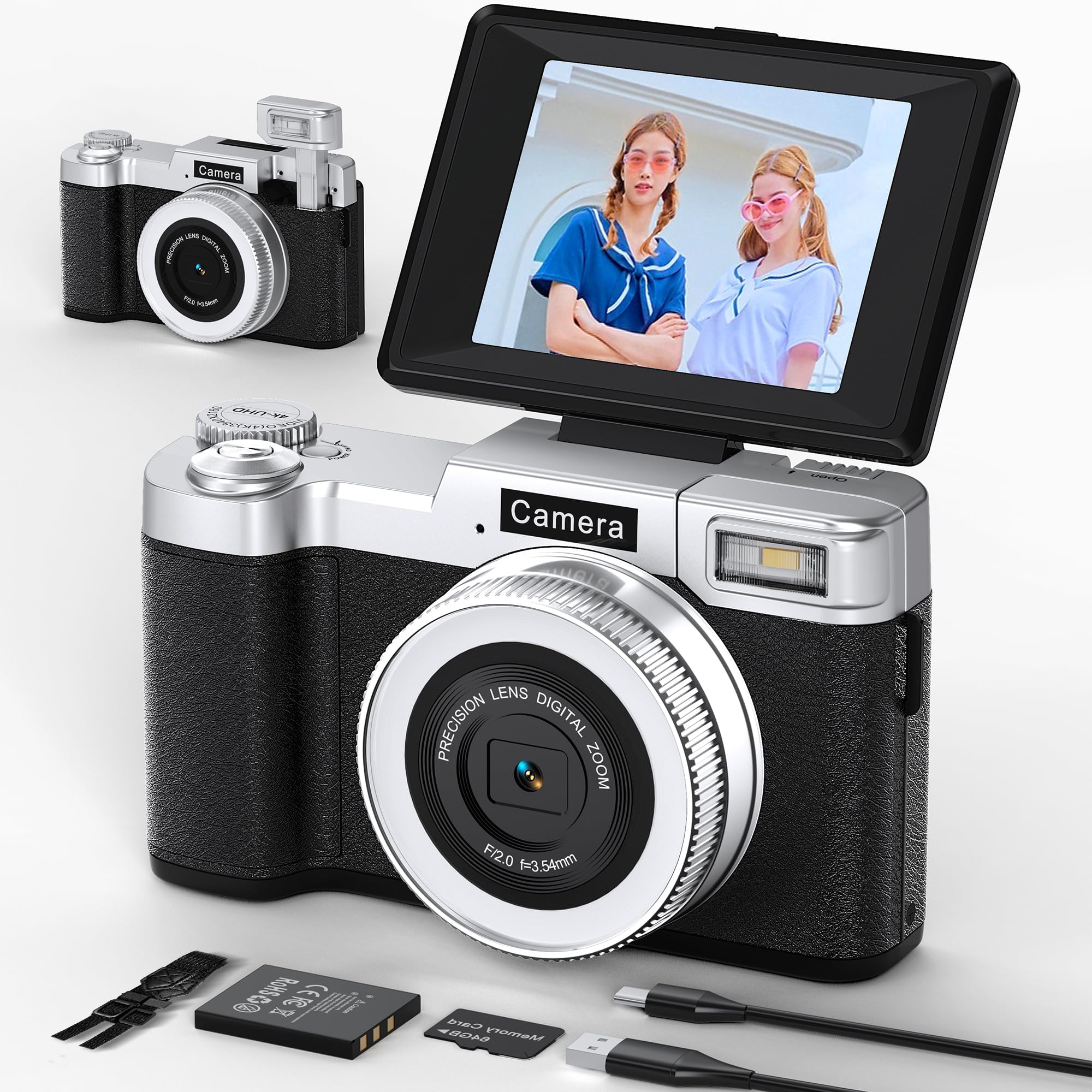 FLATIC 4K Digital Camera for Photography, Digital Camera with Flip Screen, Autofoucs Cameras for Photography with 64GB SD Card, Compact Vlog Travel Camera Kit for Beginner, Teens, Vlog Camera