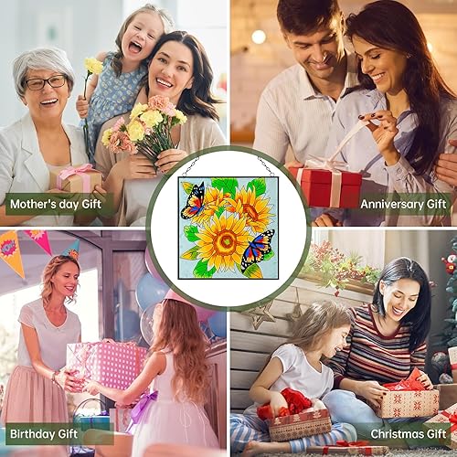 Miniatura 6 de Colgantes de ventana de girasol y mariposa, panel de cristal de 11 pulgadas con cadena para colgar en la ventana, regalos para amantes