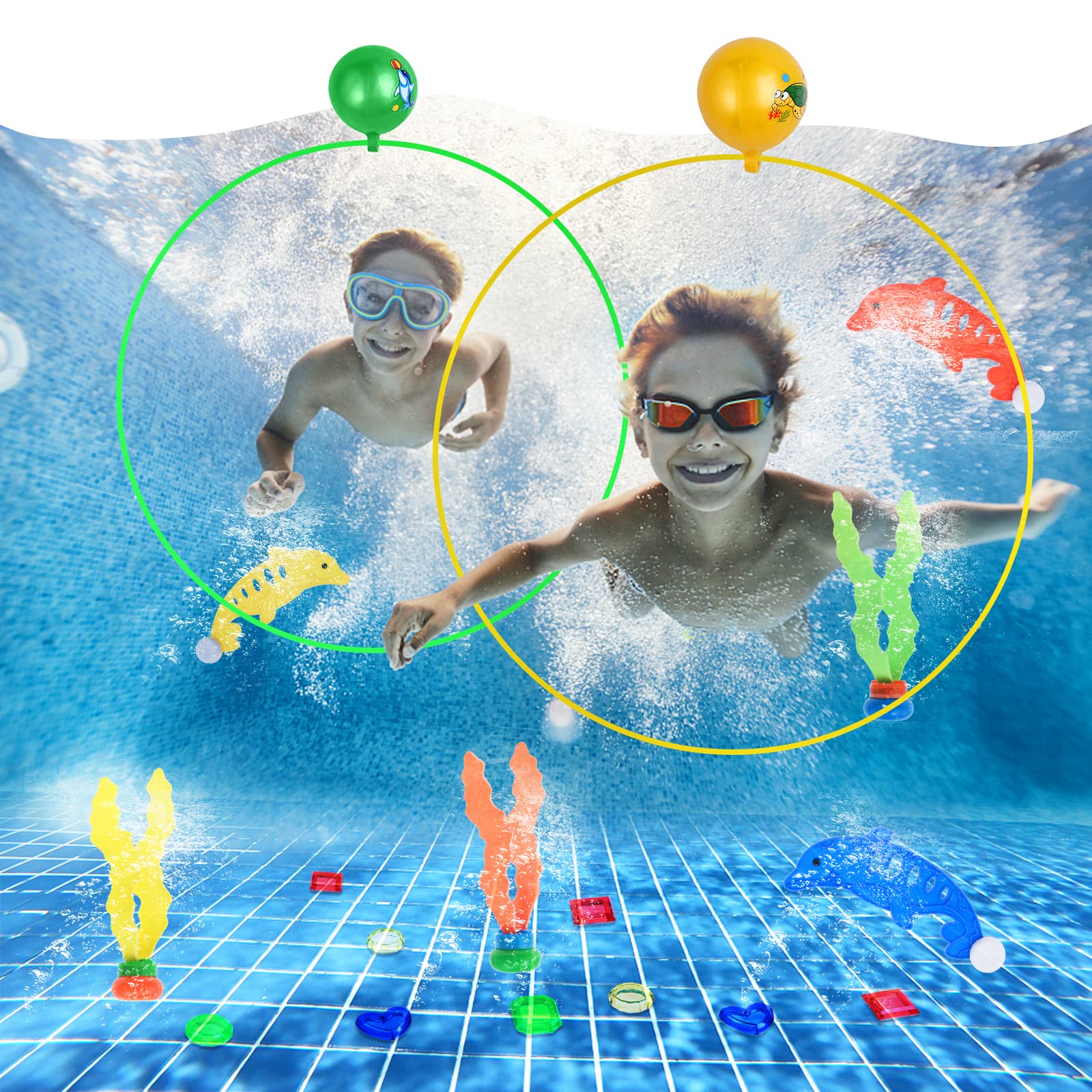 faburo 20Pcs Jouets de Plongée inclure Anneaux de Plongée * 2, Diamant de plongée * 10, Dauphin * 3, Algues * 3, Sac de Rangement * 1, Pompe * 1, Jouets de plongée pour Piscine d'été pour Enfants