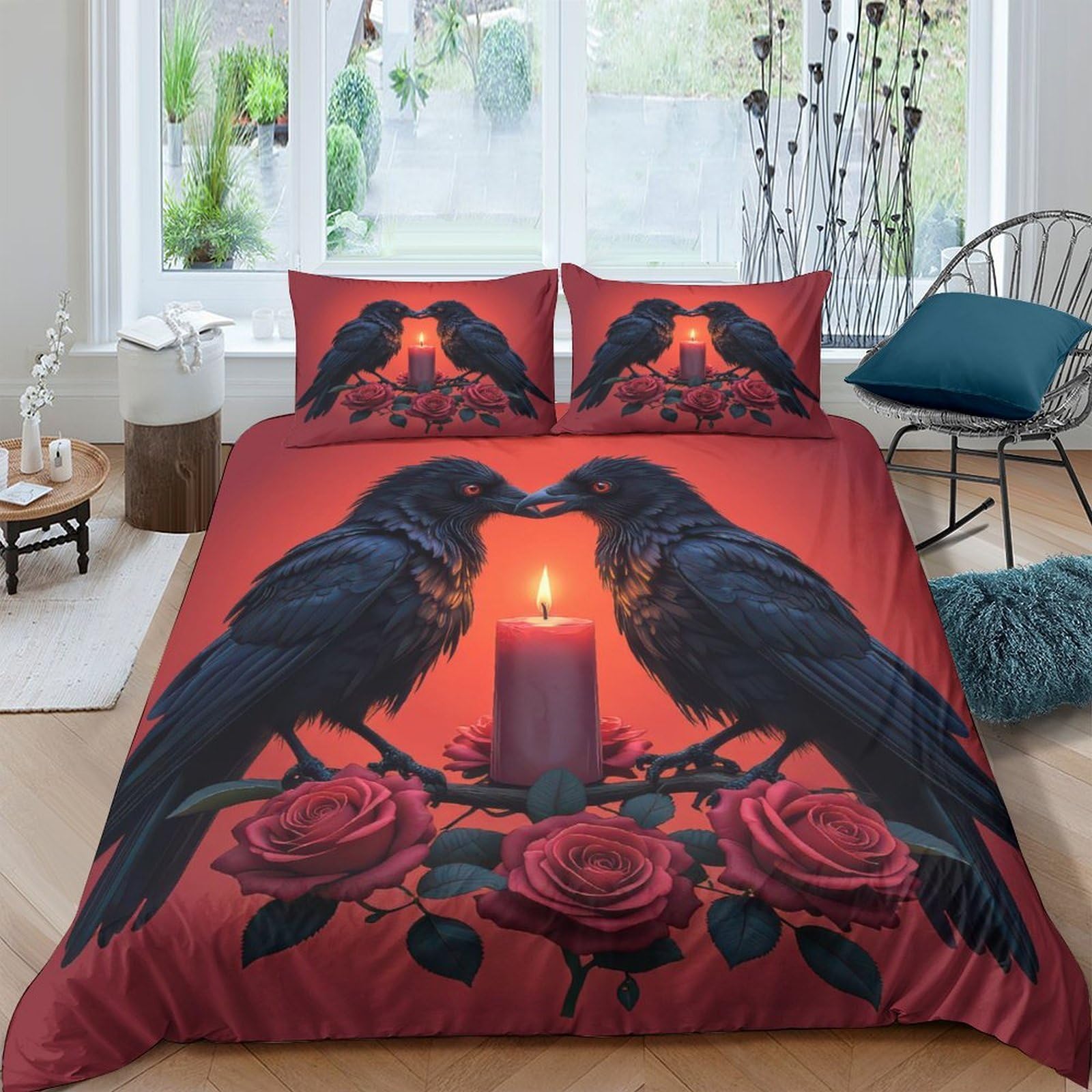 Ctjqhvkz Style-5 3D Printed Gothic Ravens Fitted Sheet Microfiber Soft Red Candle Roses Mattress Cover For Bedroom Guest Room Decor Single（135X200cm）