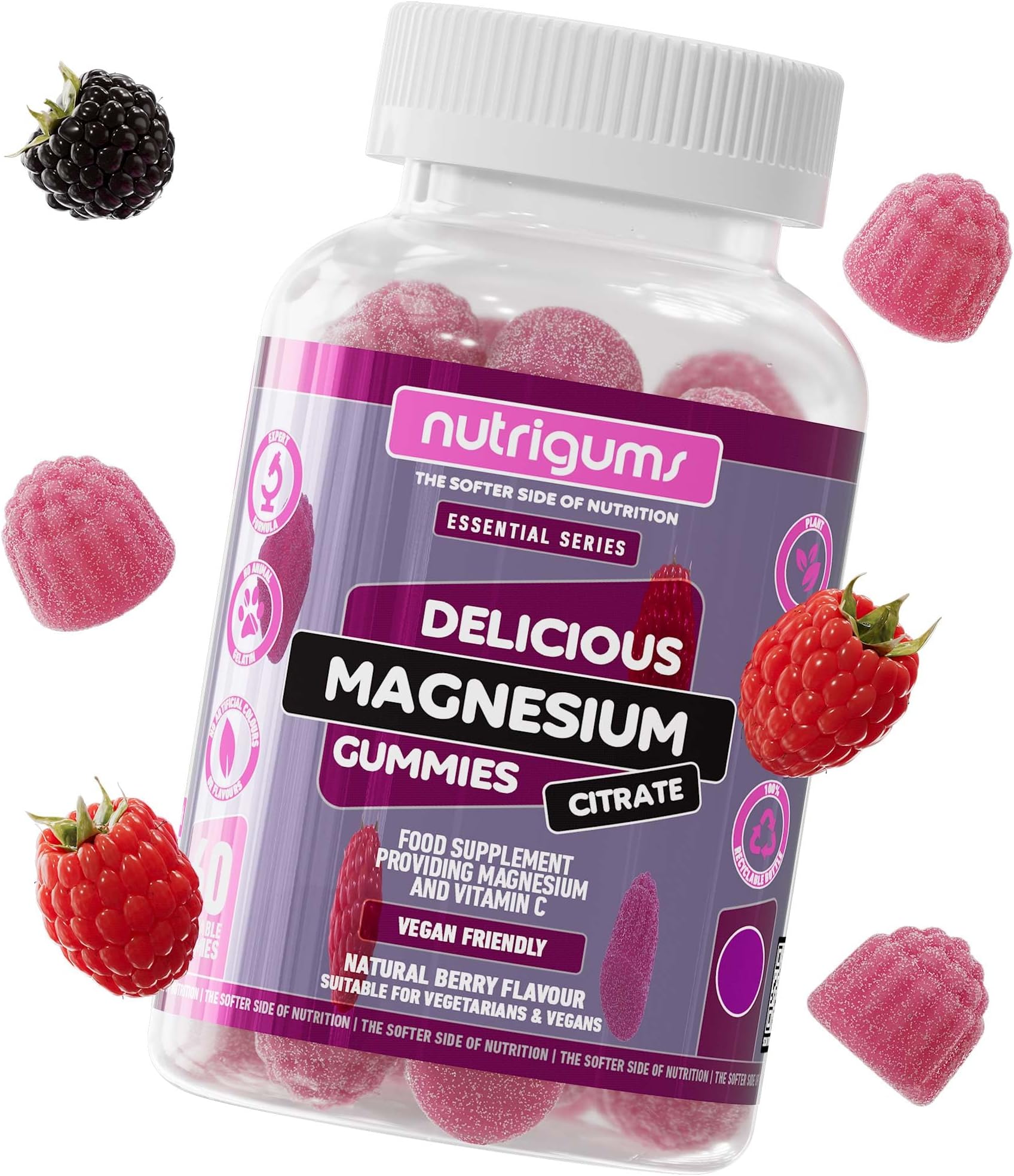 โ Magnesium Citrate 1250mg & Vitamin C Gummy | High Strength | 150mg of Elemental Magnesium & 80mg Vitamin C | Mixed Berry Flavour | 60 Vegan Gummies | Energy & Bone Support by NUTRIGUMSยฎ