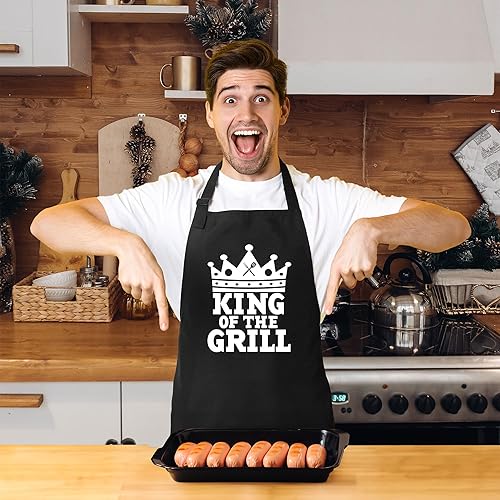 Miniatura 7 de Delantales personalizados para barbacoa para hombres, divertido delantal de cocina para barbacoa en algodón negro, ajustable con 2 bolsillos, tamaño