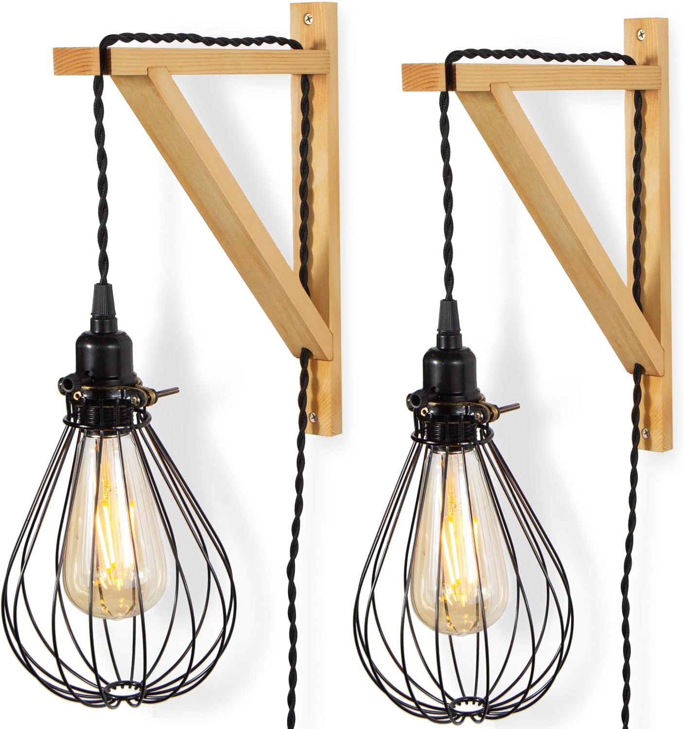 Rustic State Palma Wall Mount Wood Triangle Sconce Bracket for Plug in Hanging Pendant Light Lamp Cord Kit Fixture - DIY Shelf Project Decoration - Decorative Plant Hanger - Natural - Set of 2
