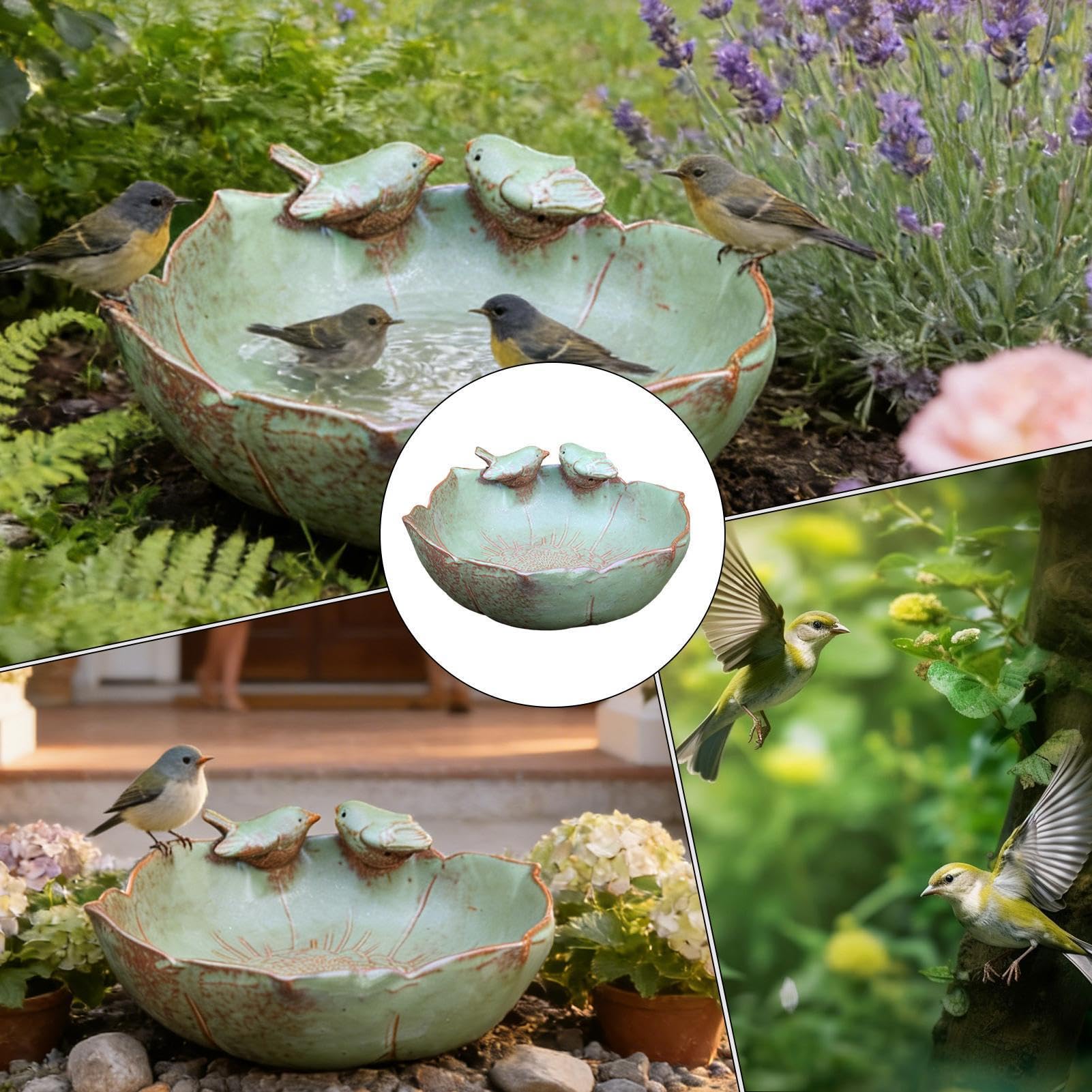 Baño de Pájaros de Cerámica Gran Decorativo de Jardín | Macetero Cerámico para Aves para Jardín Interior Exterior, Patio, Balcón, Ventana, Terraza