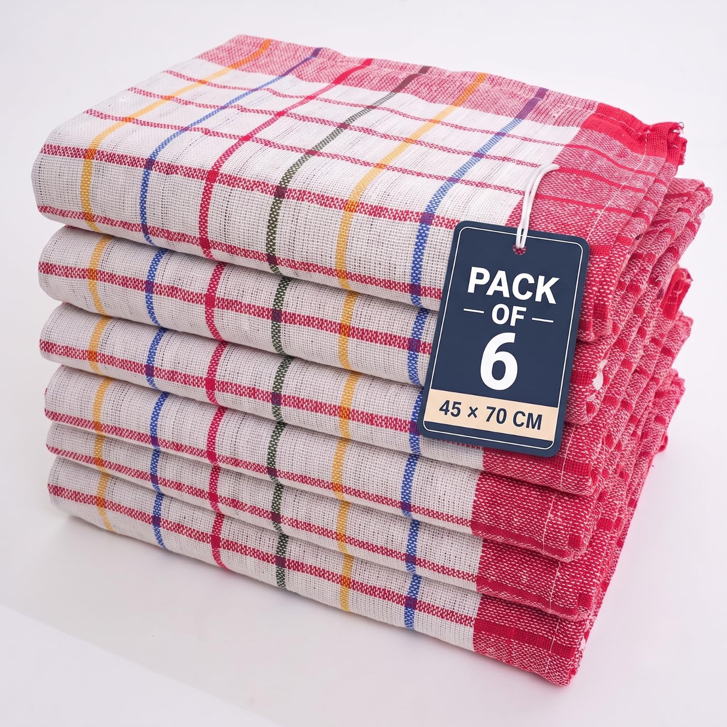 Gift Hub Kitchen Tea Towels Set, 100% Cotton Wonderdry Multicheck | Highly Absorbent Reusable Cleaning Cloths for Drying Dishes & Glassware| Home Essentials | 45x70 cm, Red - Pack 6